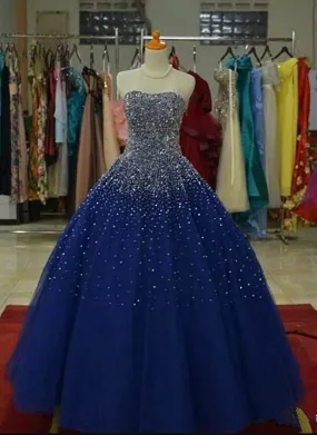 Blue Tulle Sequins Long Ball Gown Formal Dress, Sparkle Blue Quinceanera Dress