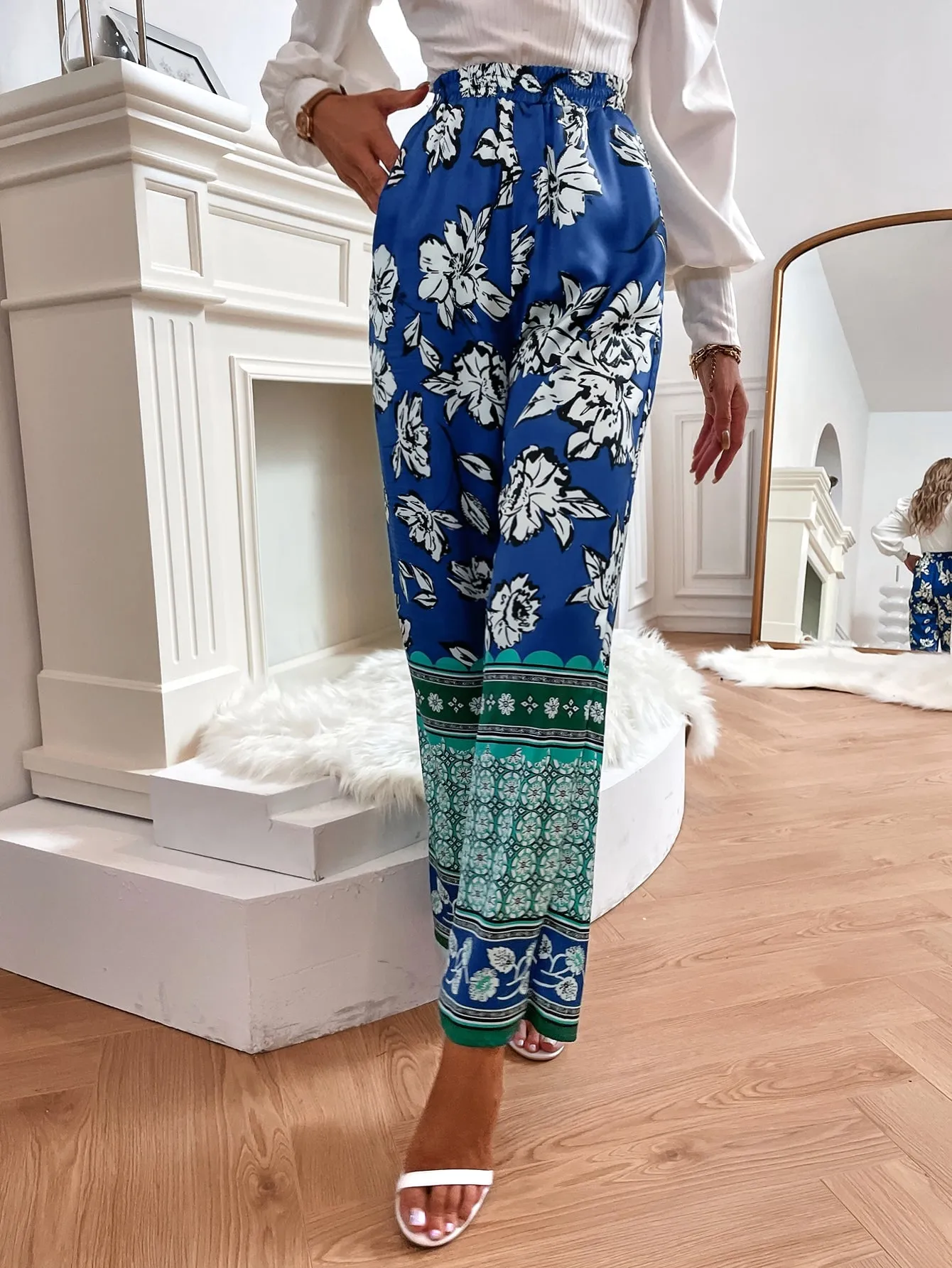 Boho Floral Pocket Natural Long Women Pants