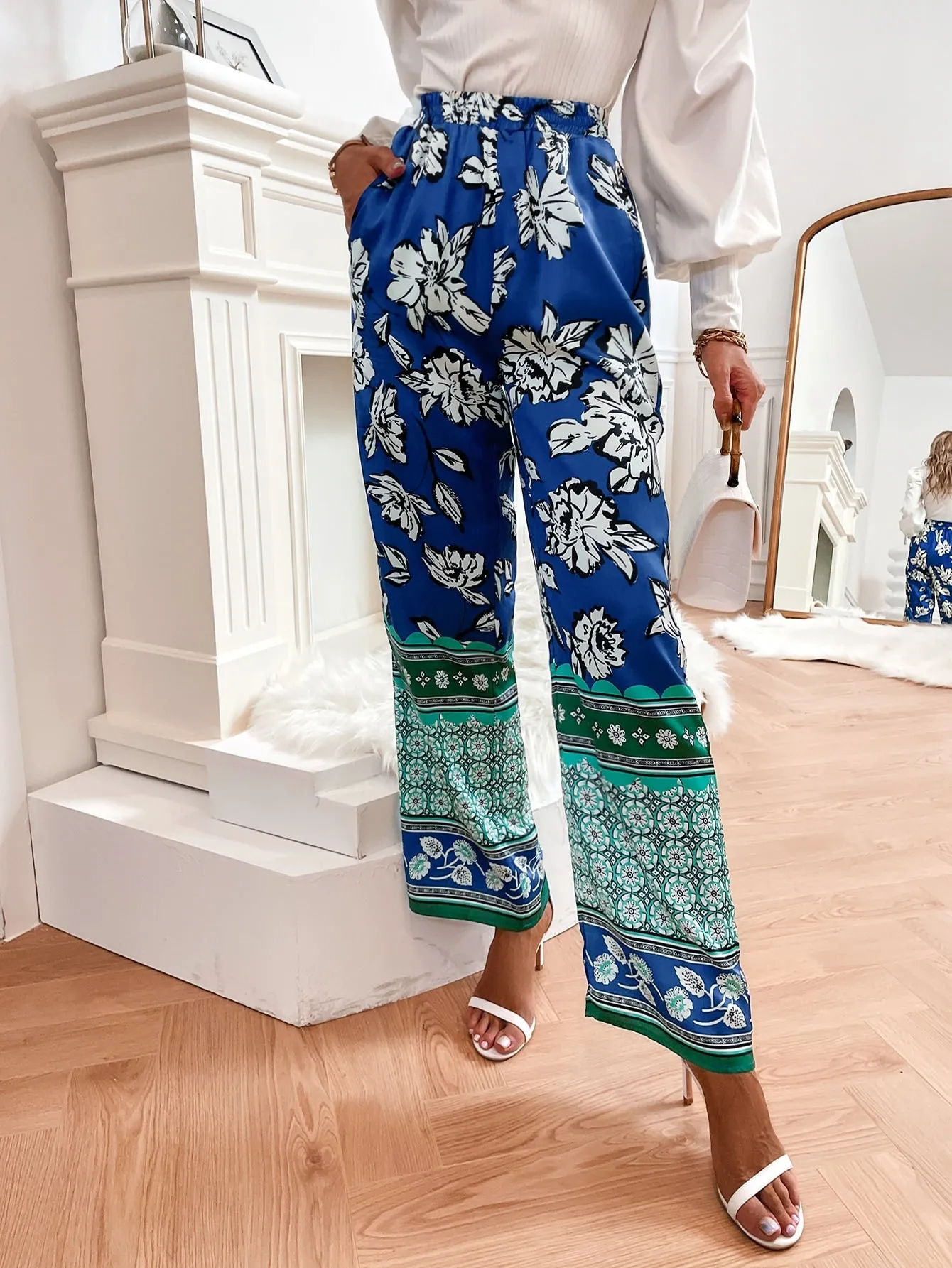 Boho Floral Pocket Natural Long Women Pants