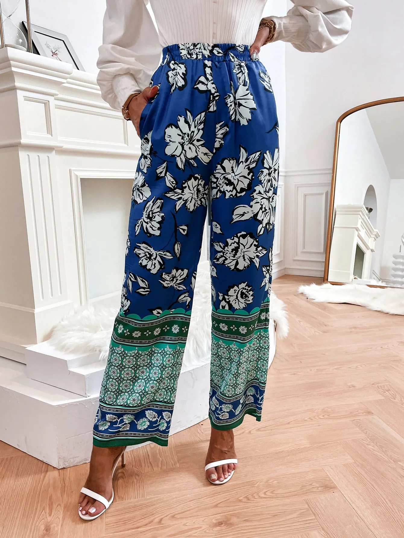 Boho Floral Pocket Natural Long Women Pants