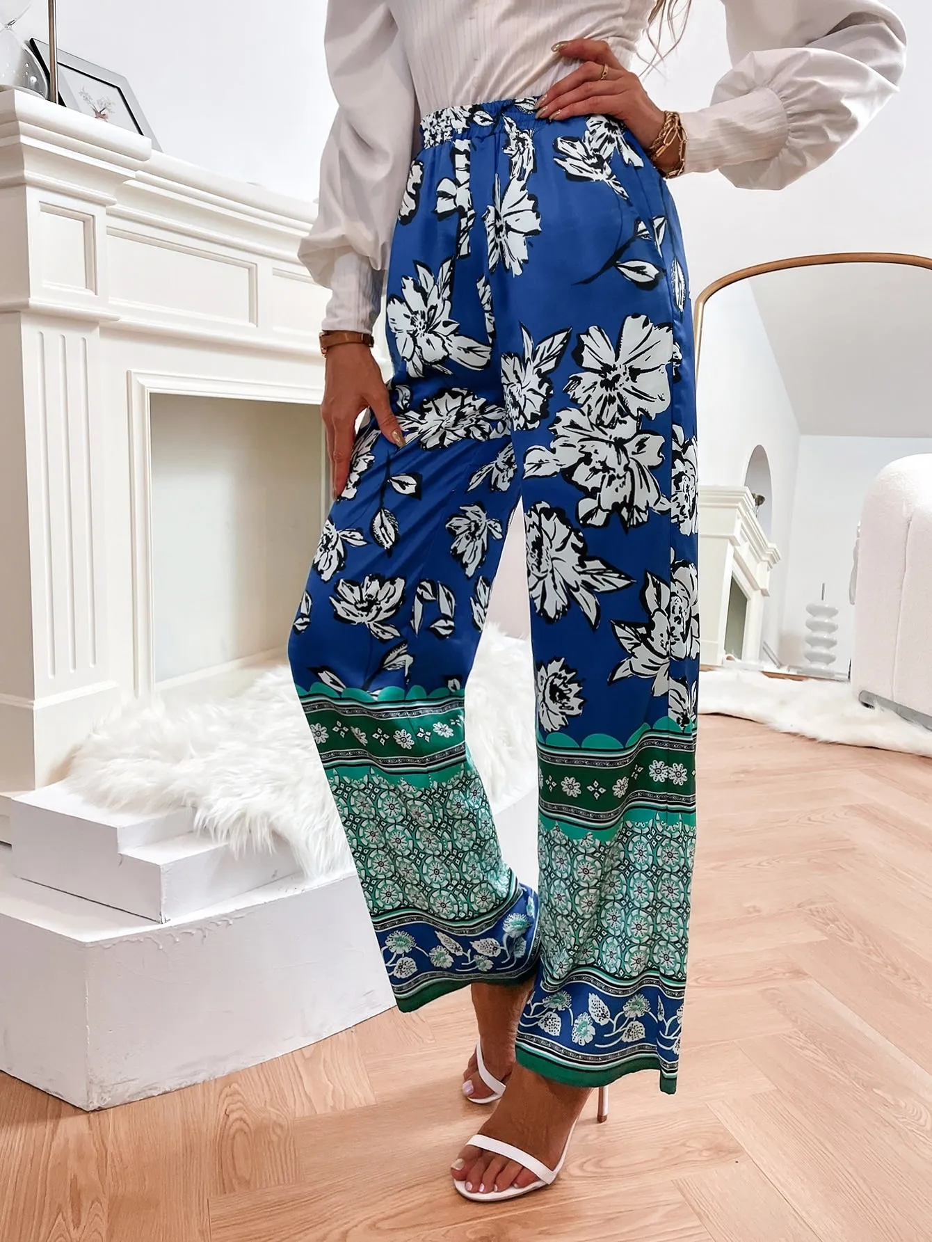 Boho Floral Pocket Natural Long Women Pants