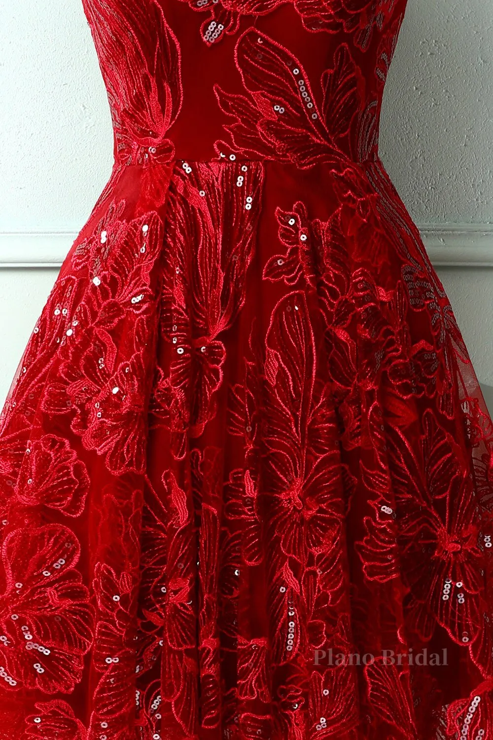 Burgundy v neck lace high low prom dress lace formal dress