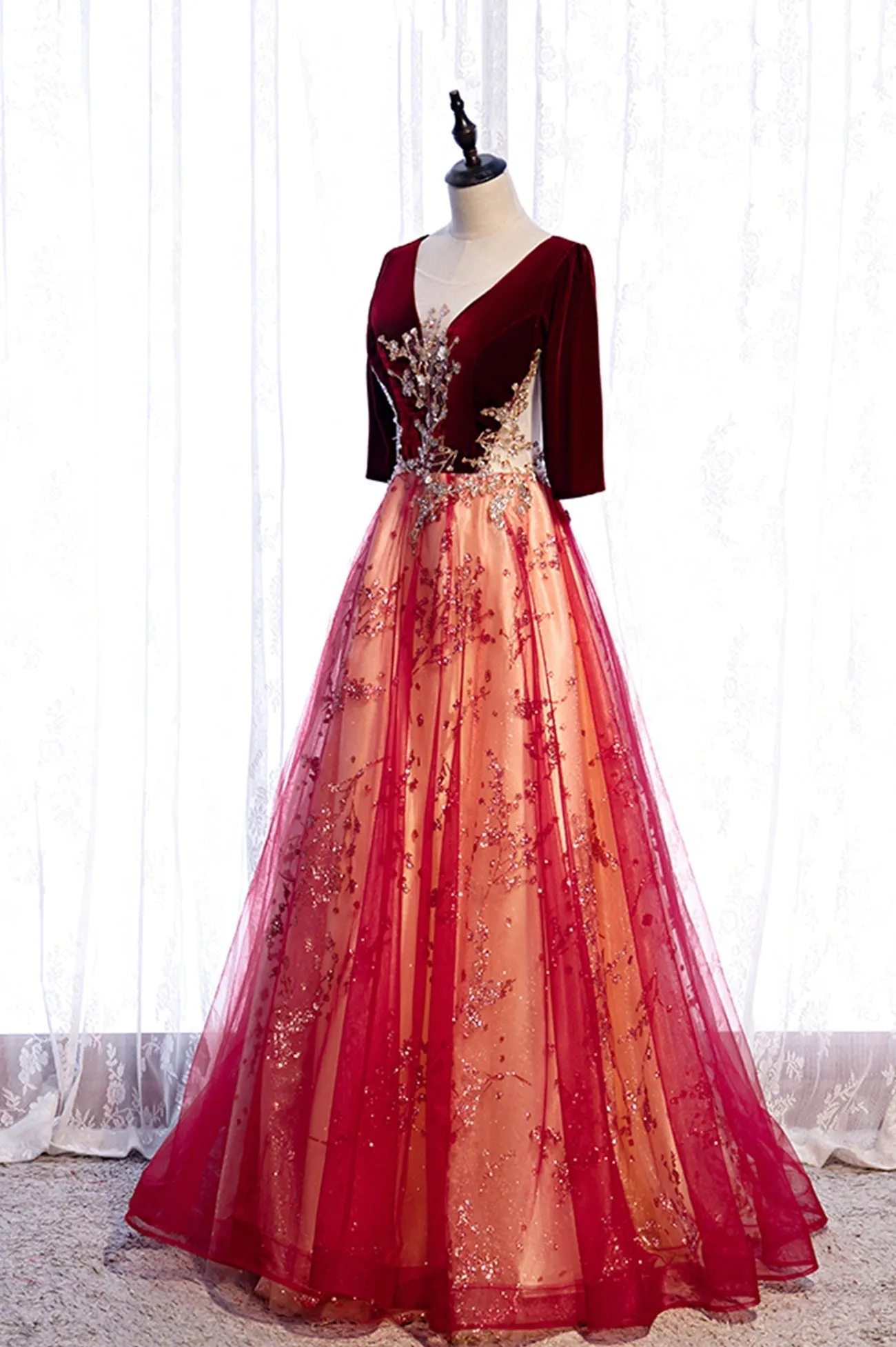 Burgundy Velvet Tulle Long Prom Dresses, Burgundy 1/2 Sleeve Evening Dresses