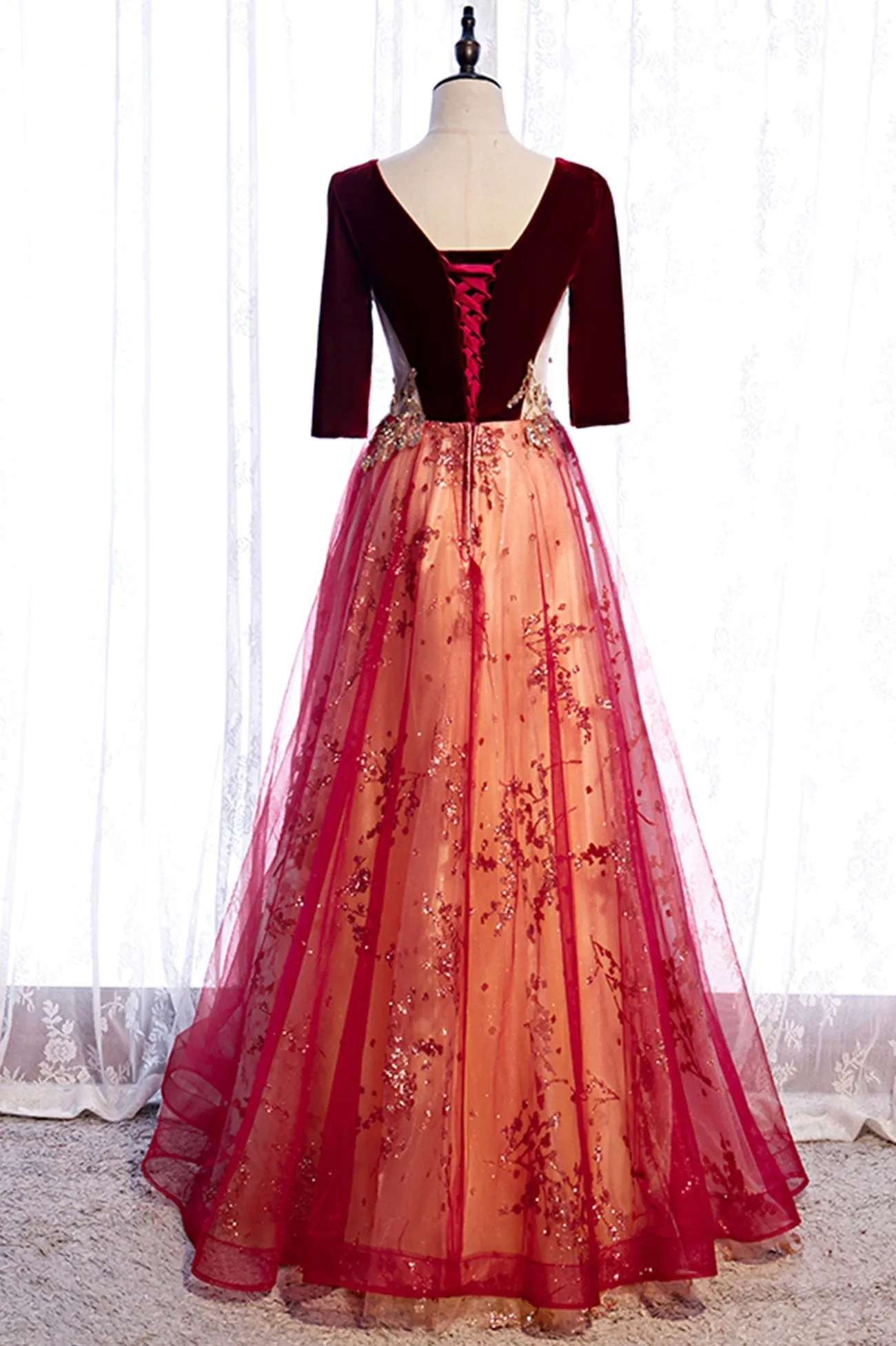 Burgundy Velvet Tulle Long Prom Dresses, Burgundy 1/2 Sleeve Evening Dresses