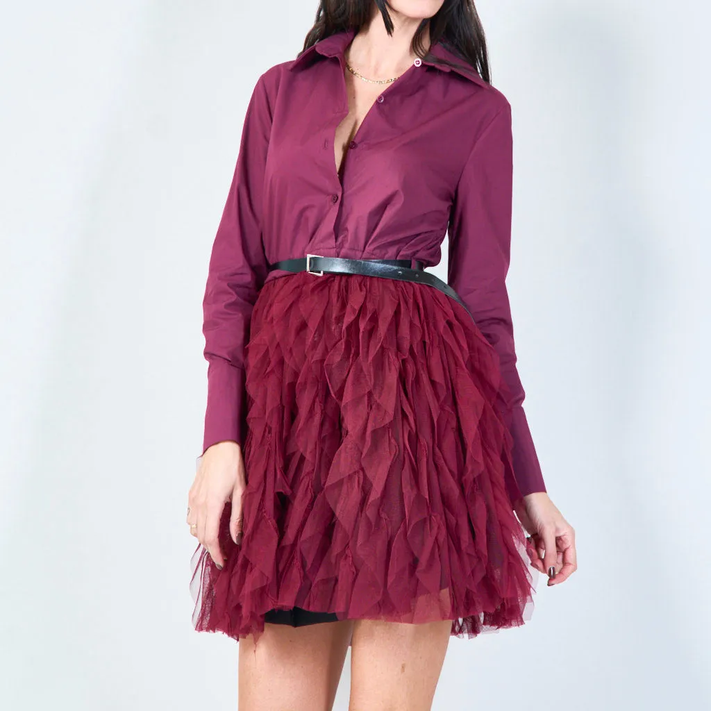 Button-up dress with feathered skirt and belt wholesale