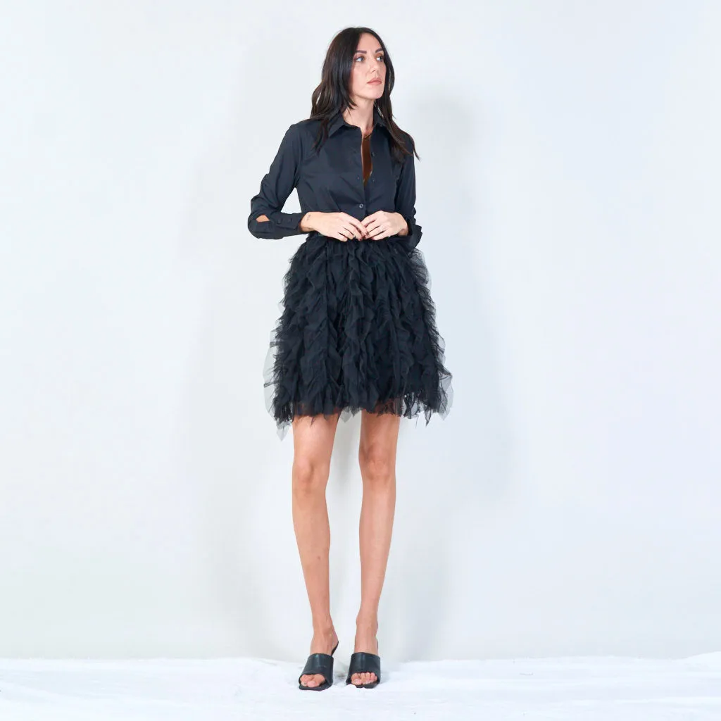 Button-up dress with feathered skirt and belt wholesale