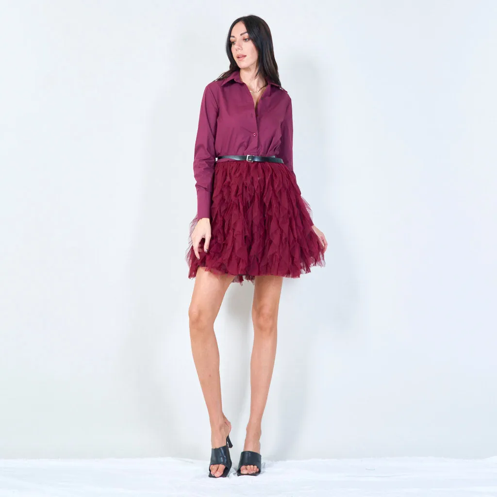 Button-up dress with feathered skirt and belt wholesale