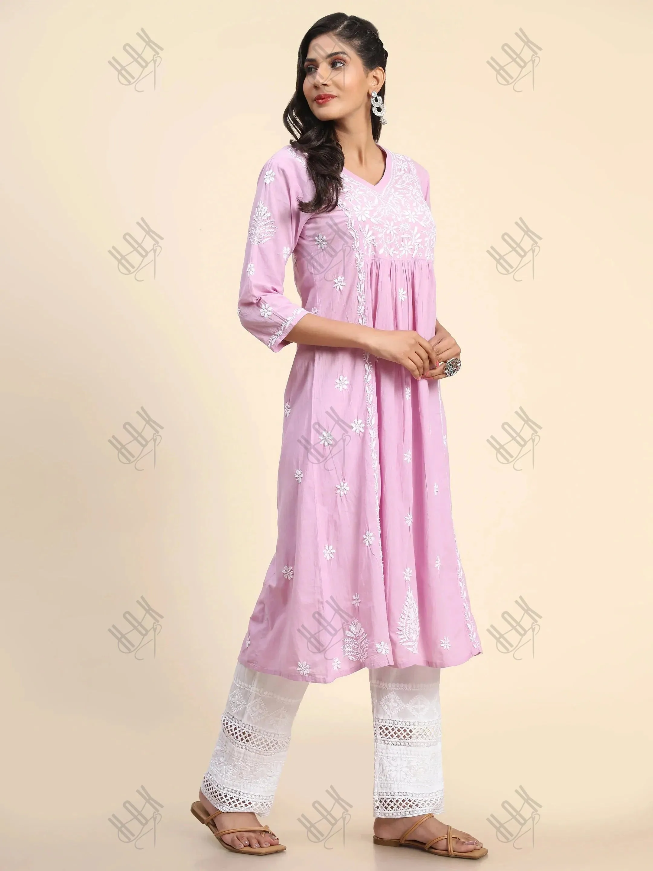 Chahat in Noor Hand Embroidered Chikankari  Long A-Line Kurti for Women- Lavender