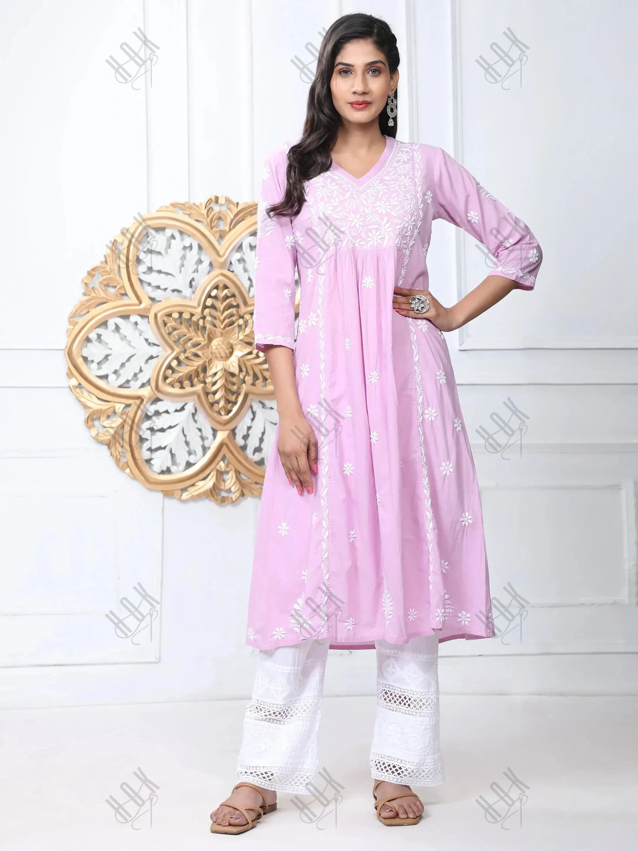 Chahat in Noor Hand Embroidered Chikankari  Long A-Line Kurti for Women- Lavender