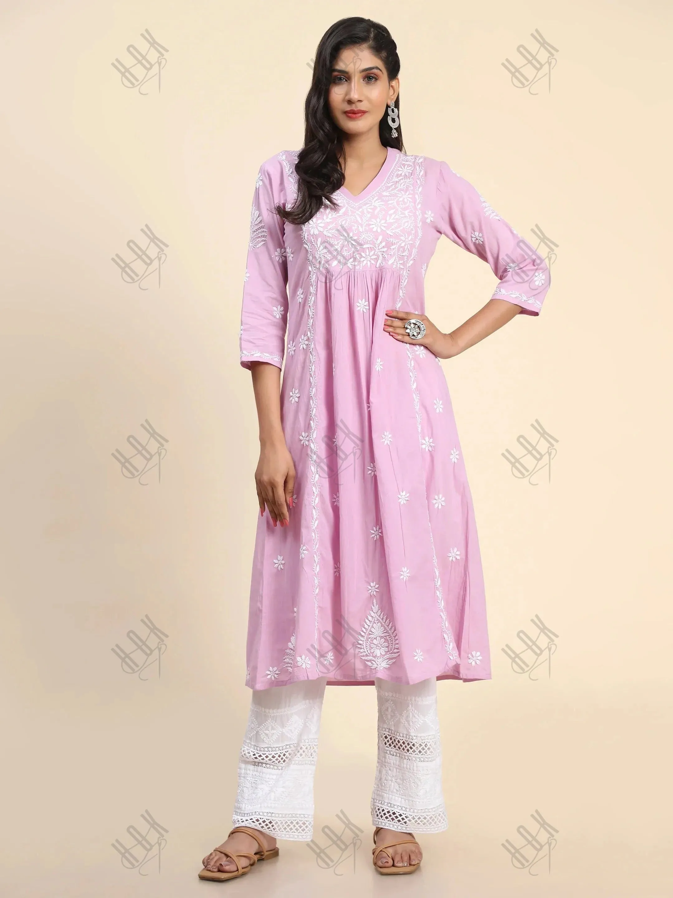 Chahat in Noor Hand Embroidered Chikankari  Long A-Line Kurti for Women- Lavender