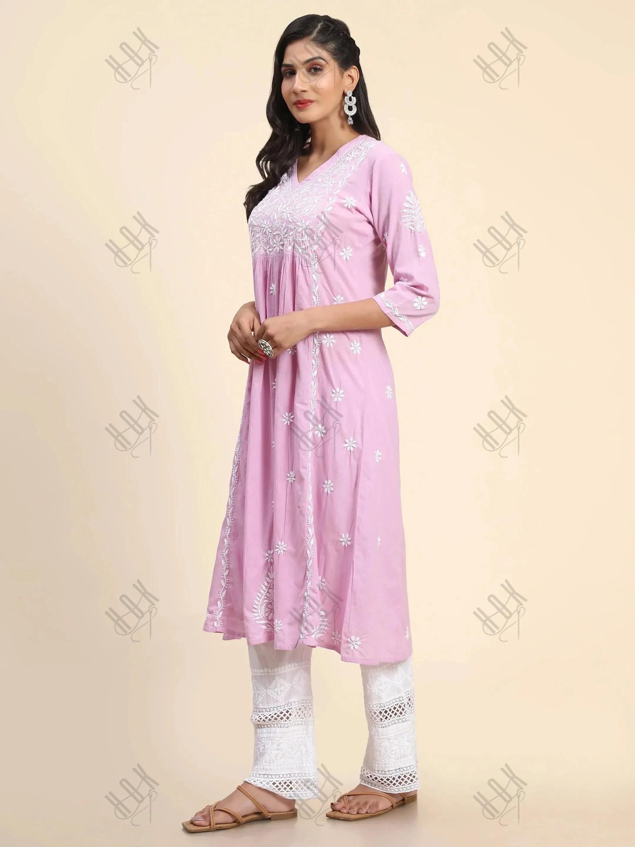 Chahat in Noor Hand Embroidered Chikankari  Long A-Line Kurti for Women- Lavender