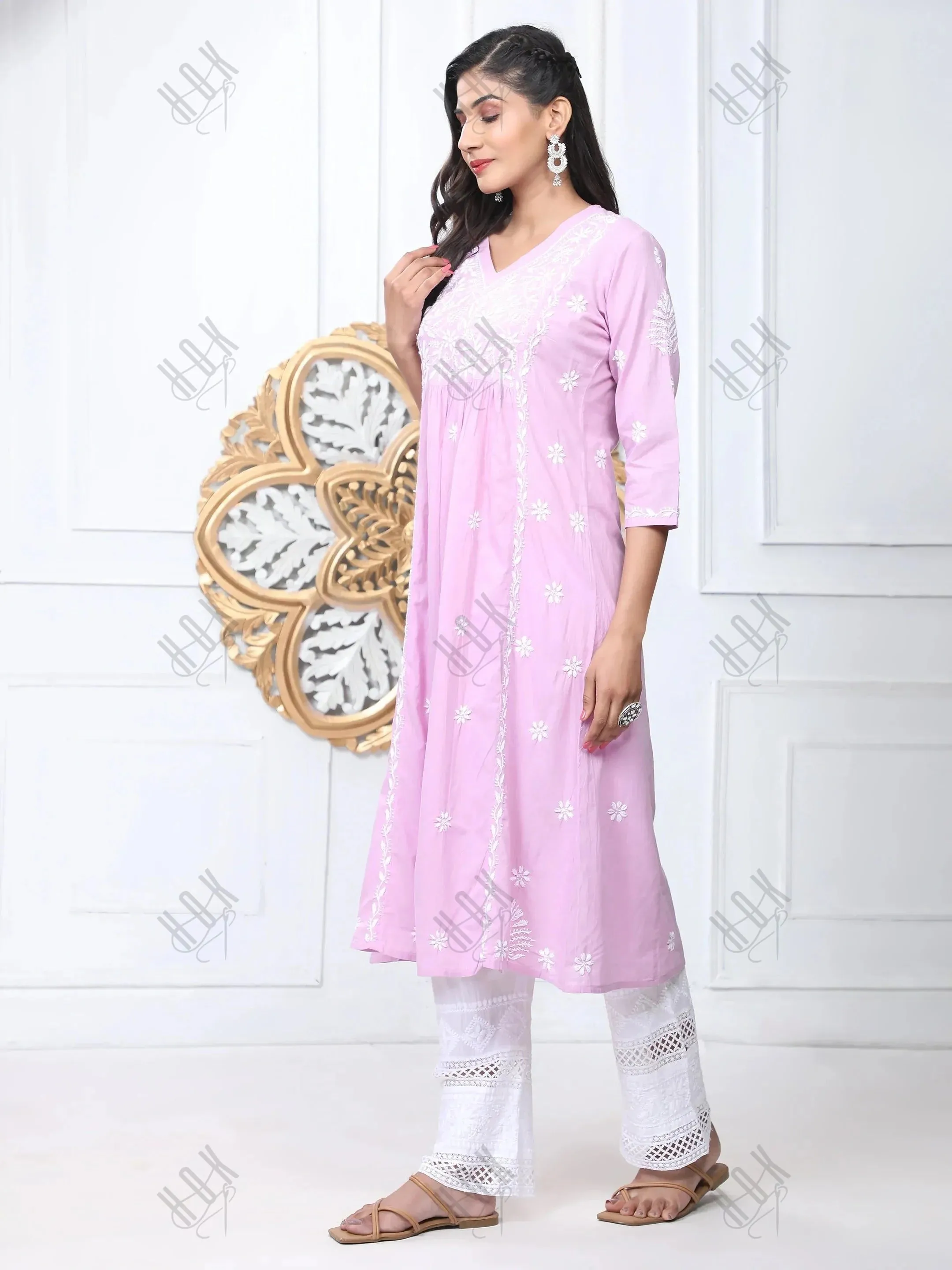 Chahat in Noor Hand Embroidered Chikankari  Long A-Line Kurti for Women- Lavender