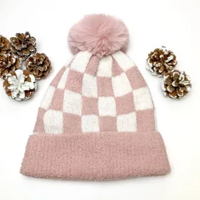 Checkered Beanie in Light Pink and White