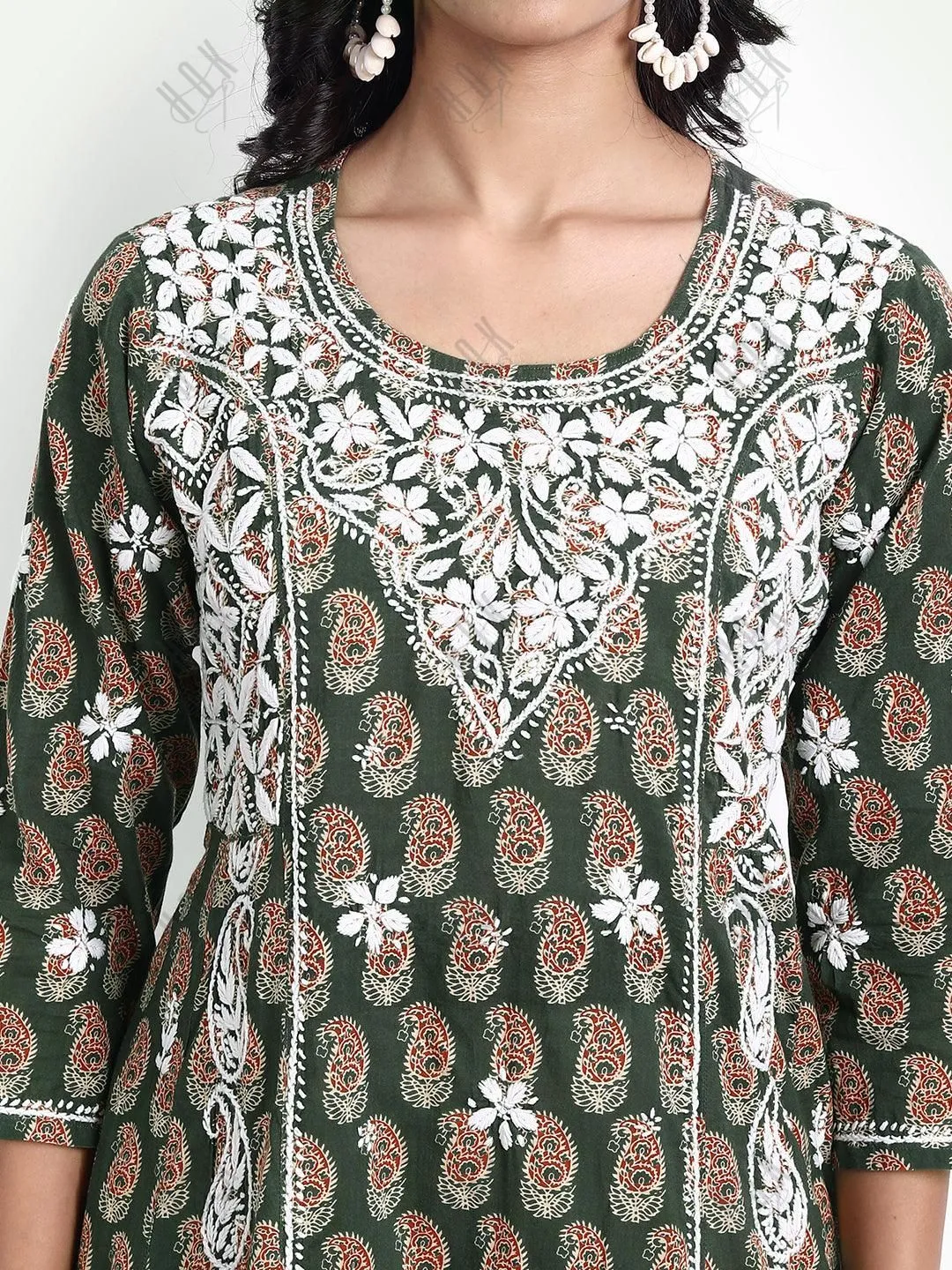 Chikankari Hand embroidery Round neck Dress in Cotton Brown