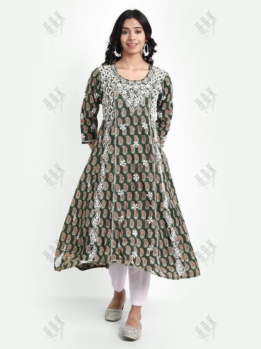 Chikankari Hand embroidery Round neck Dress in Cotton Brown