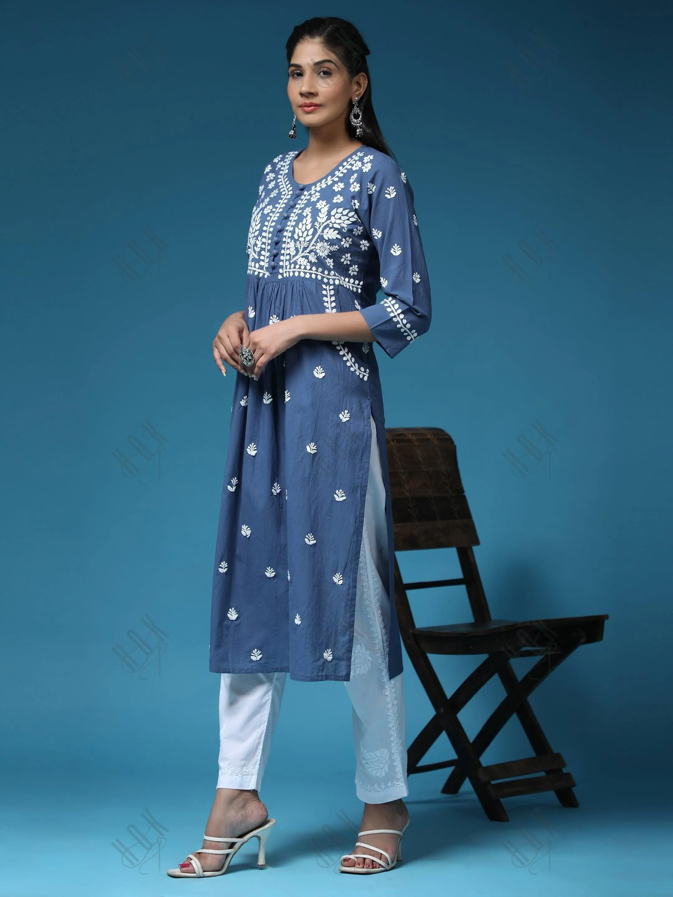 Chikankari Hand embroidery Round neck Dress In Royal Blue