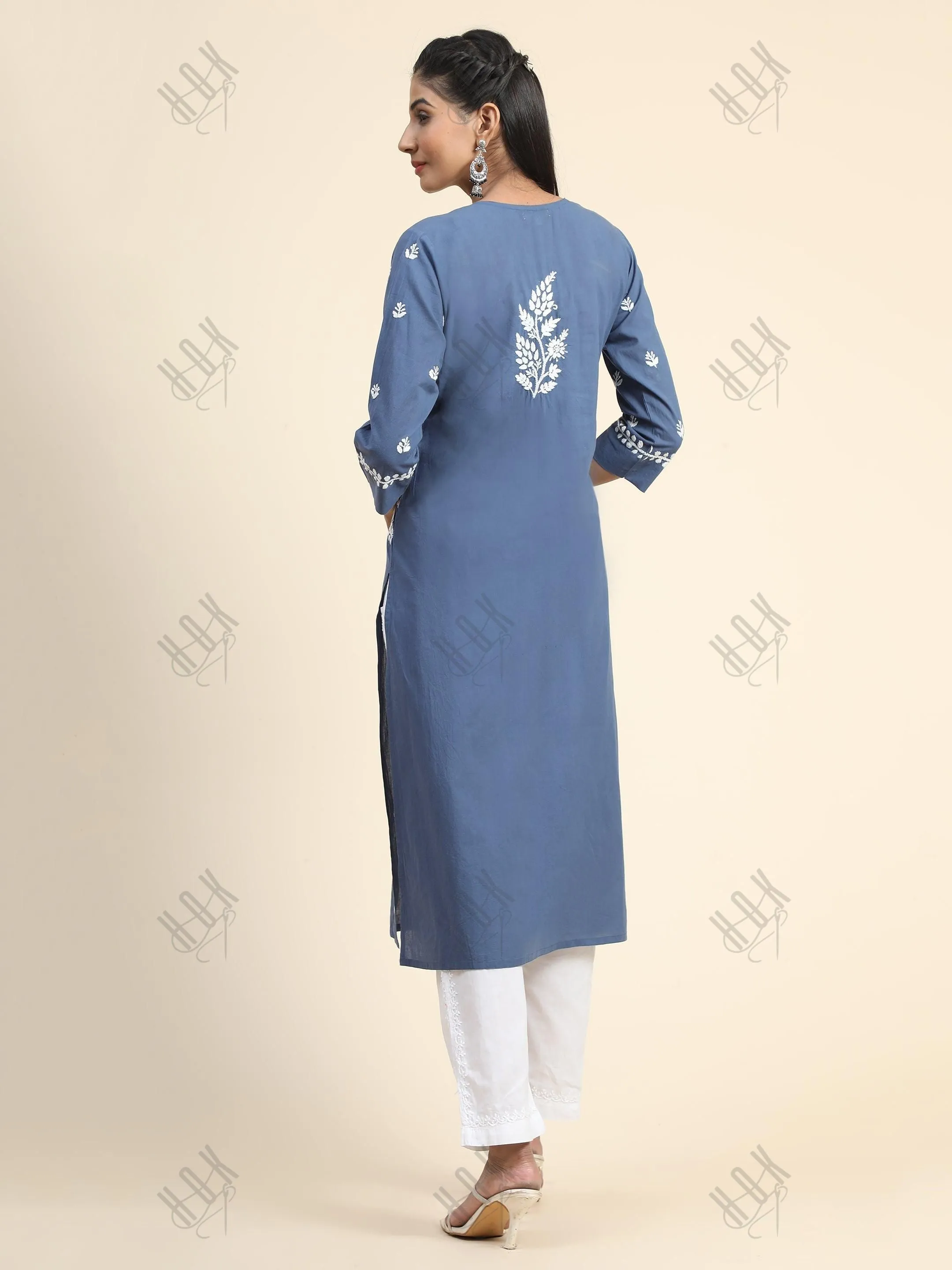 Chikankari Hand embroidery Round neck Dress In Royal Blue