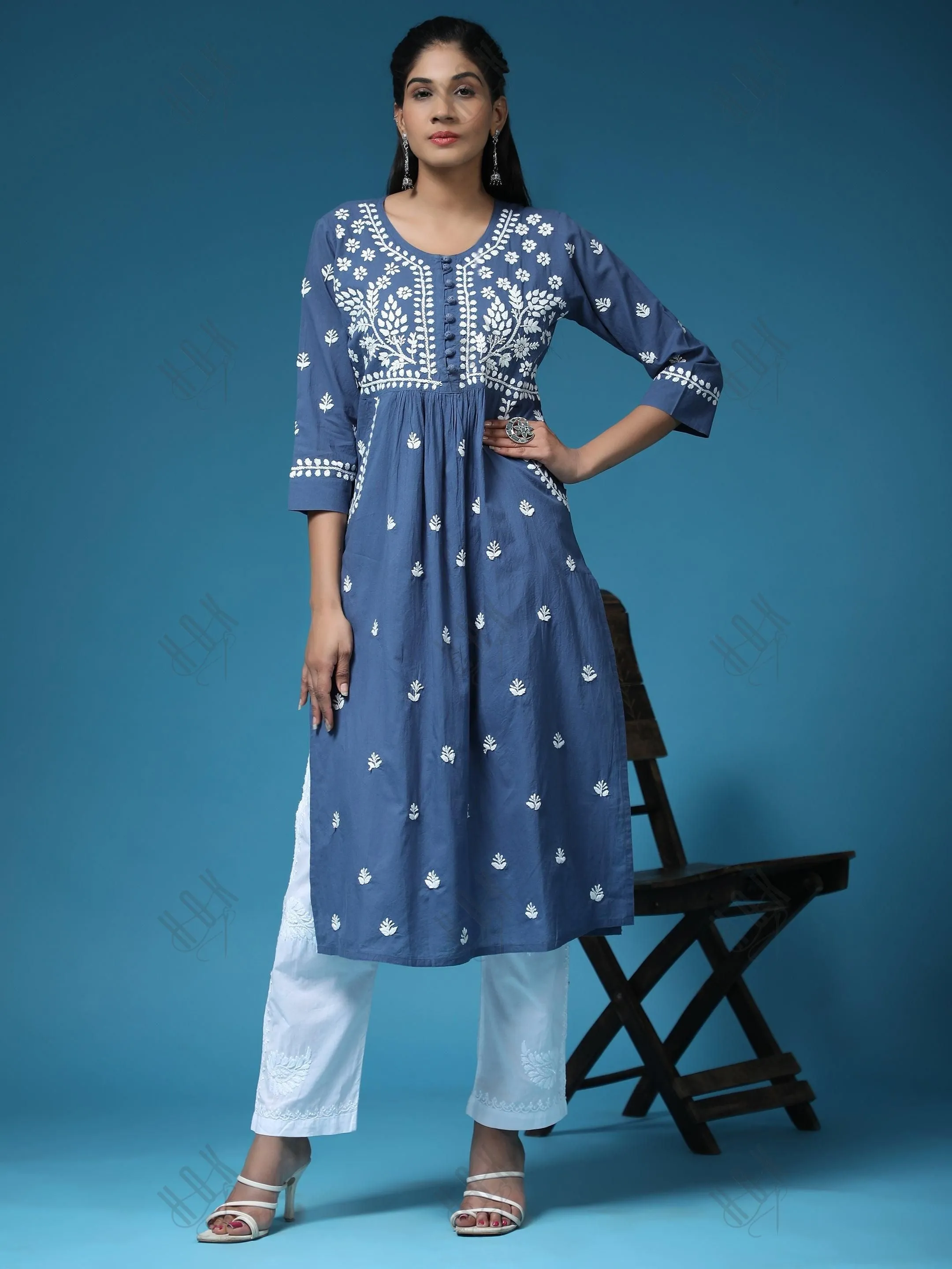 Chikankari Hand embroidery Round neck Dress In Royal Blue