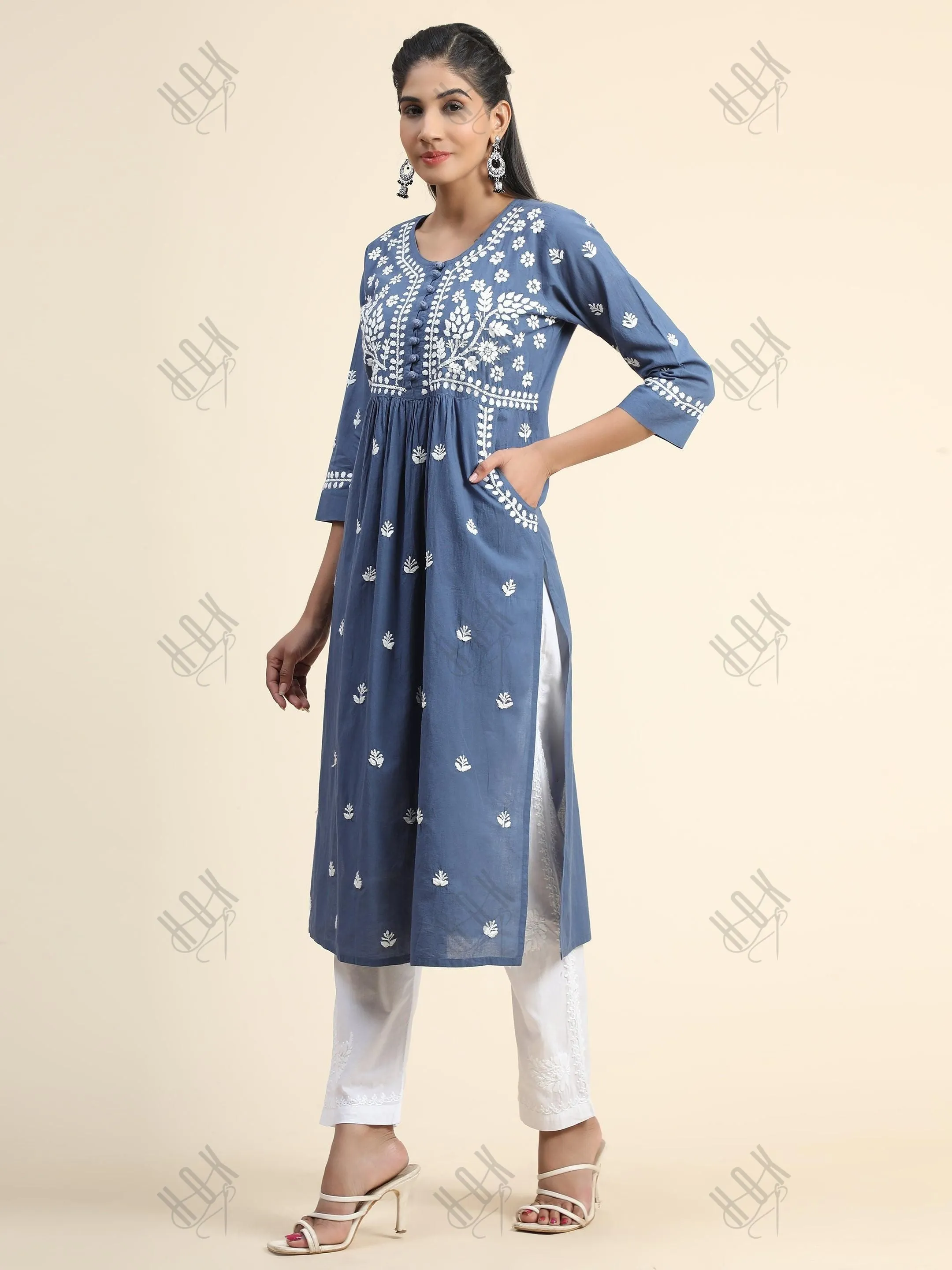 Chikankari Hand embroidery Round neck Dress In Royal Blue