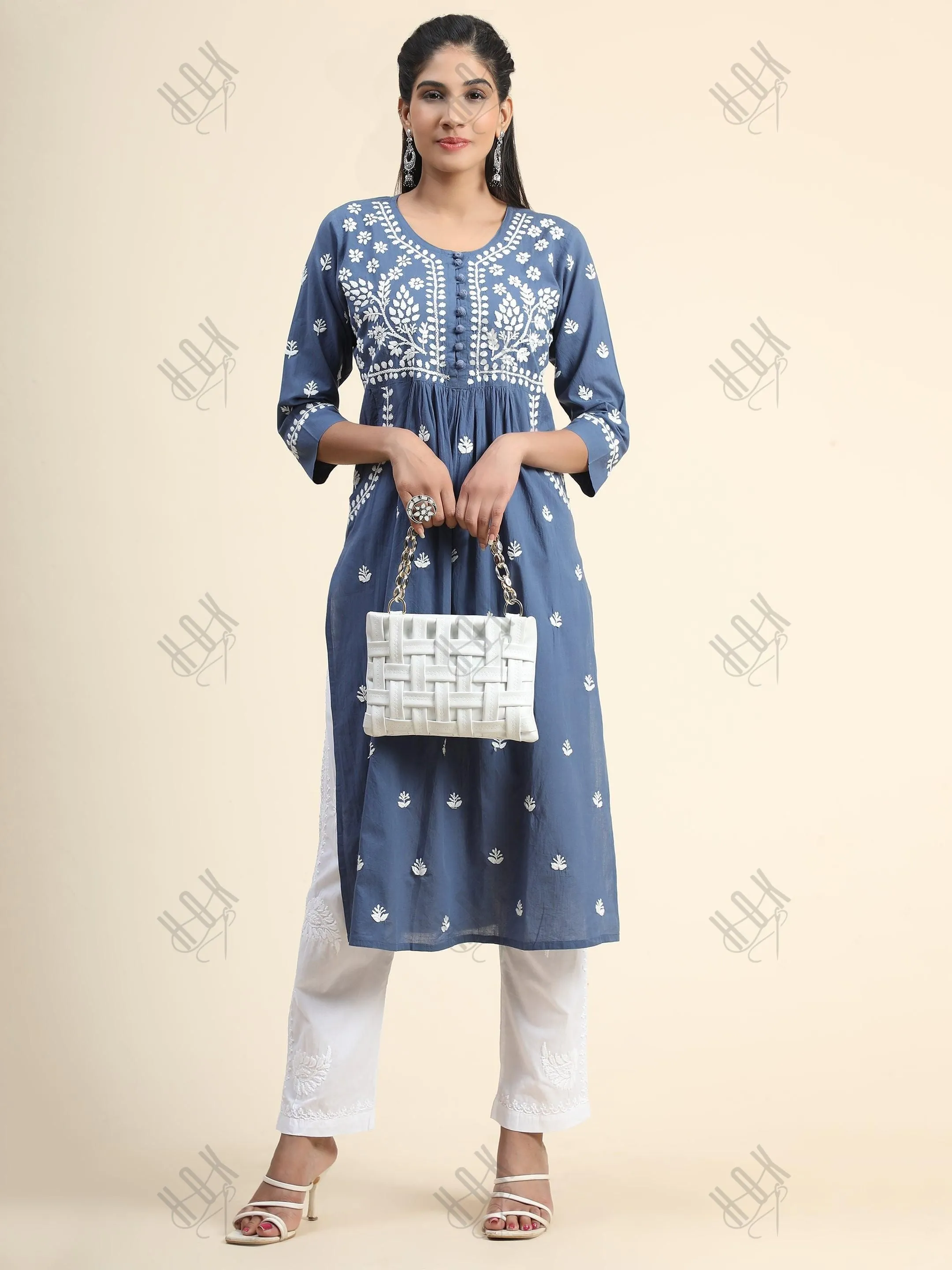 Chikankari Hand embroidery Round neck Dress In Royal Blue