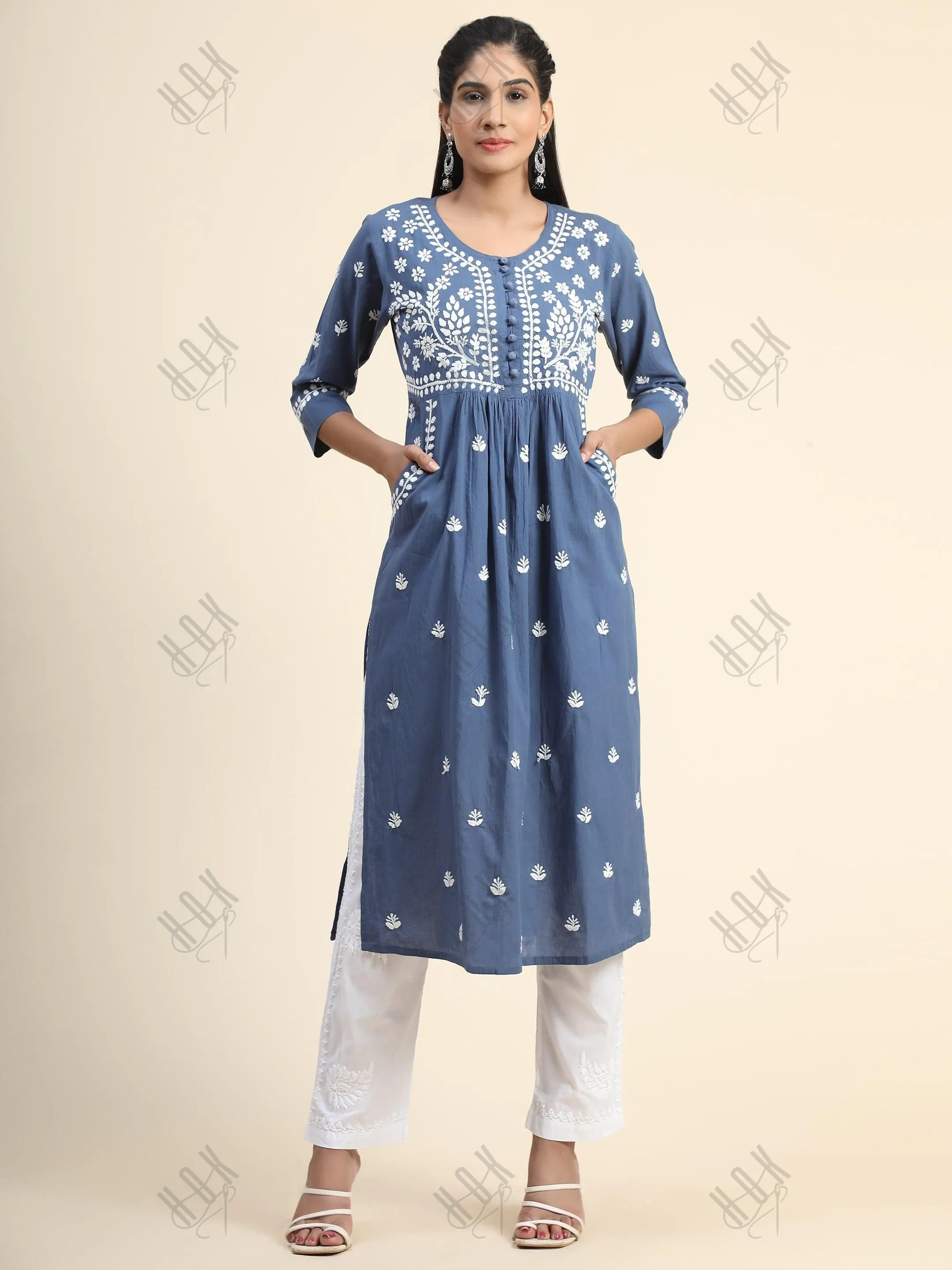 Chikankari Hand embroidery Round neck Dress In Royal Blue