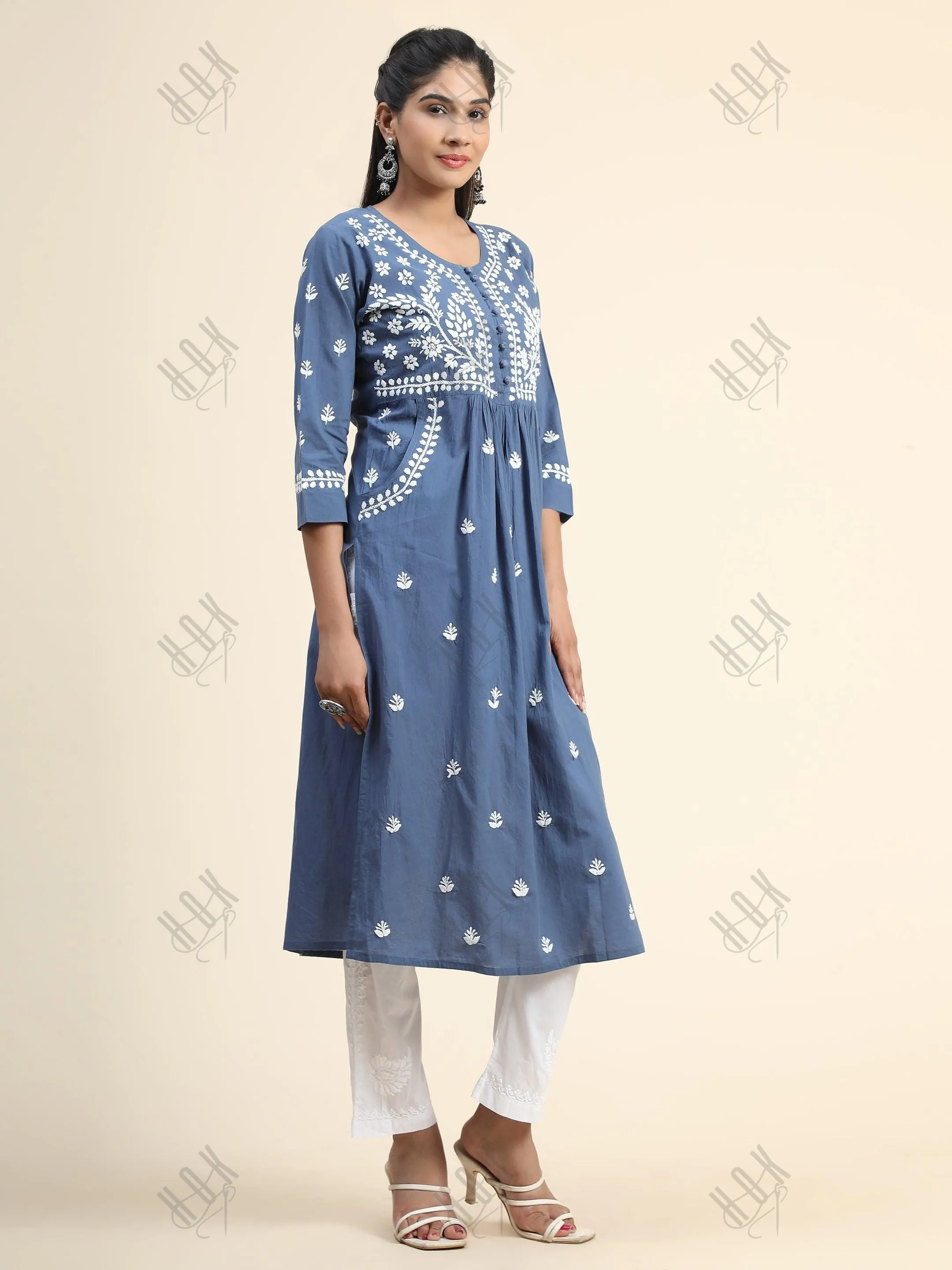 Chikankari Hand embroidery Round neck Dress In Royal Blue