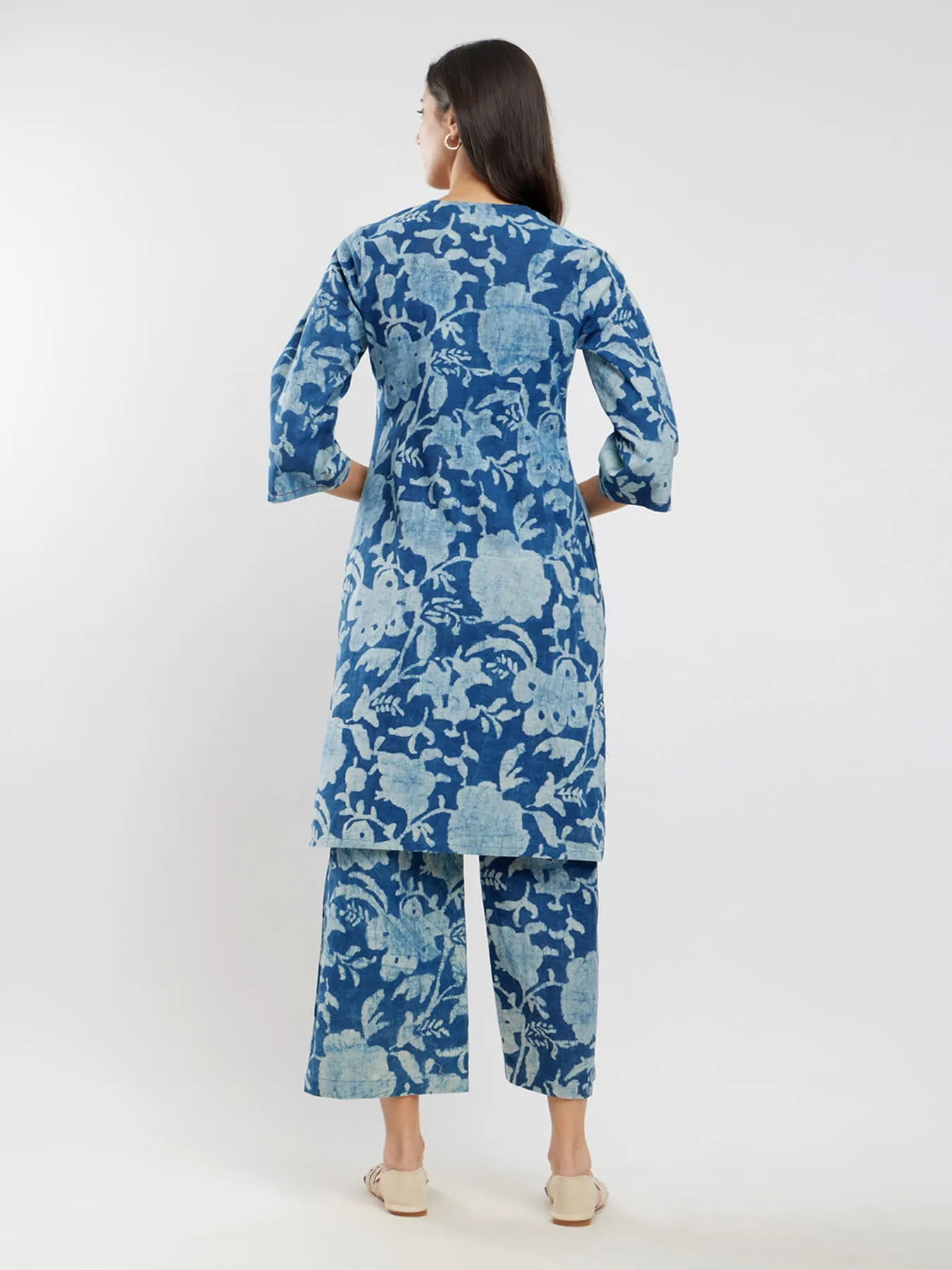 Cotton Dabu Floral Tie-Up Kurta Set - Indigo