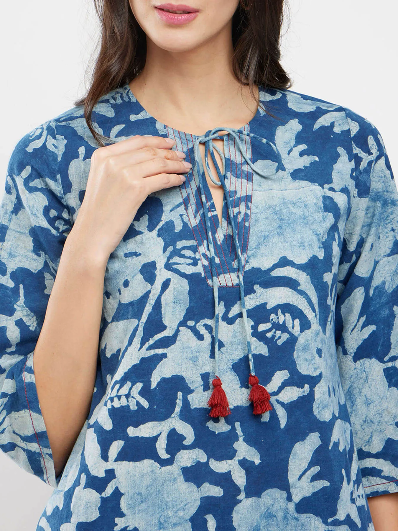 Cotton Dabu Floral Tie-Up Kurta Set - Indigo