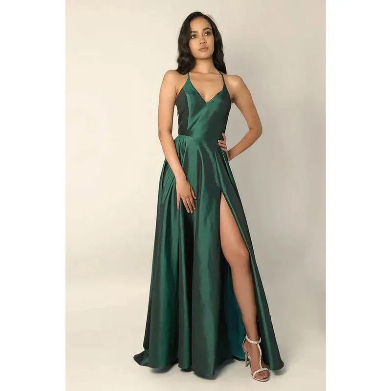 Criss-cross Straps Satin A-line Simple Prom Dress with Slit Formal Evening Gowns