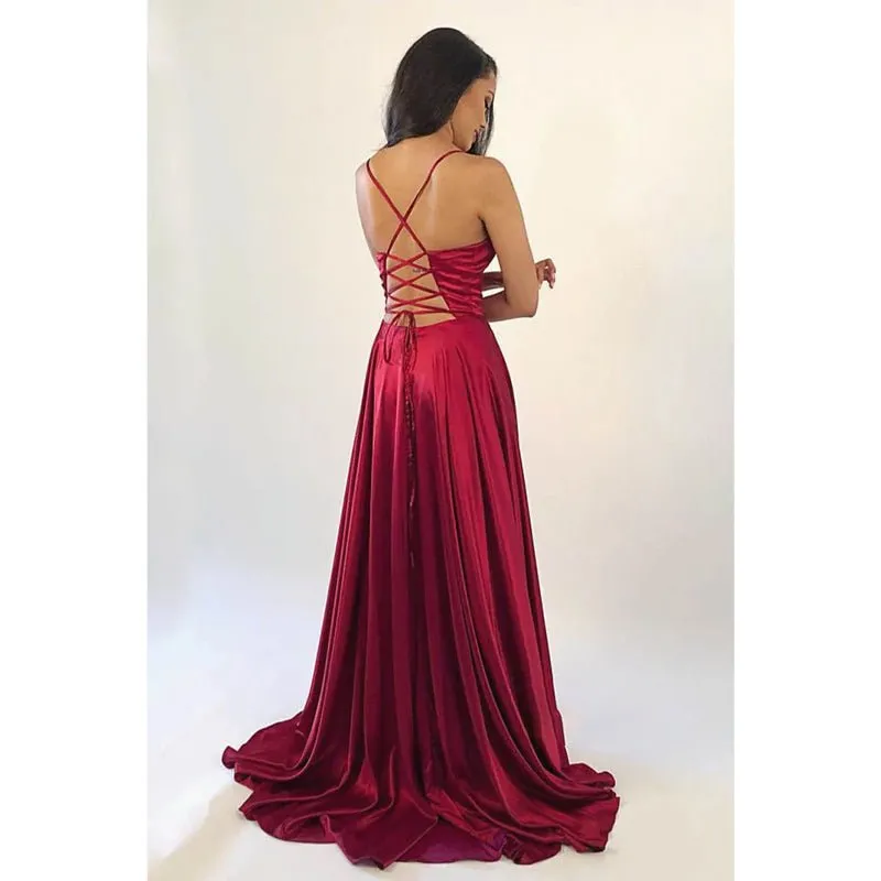 Criss-cross Straps Satin A-line Simple Prom Dress with Slit Formal Evening Gowns