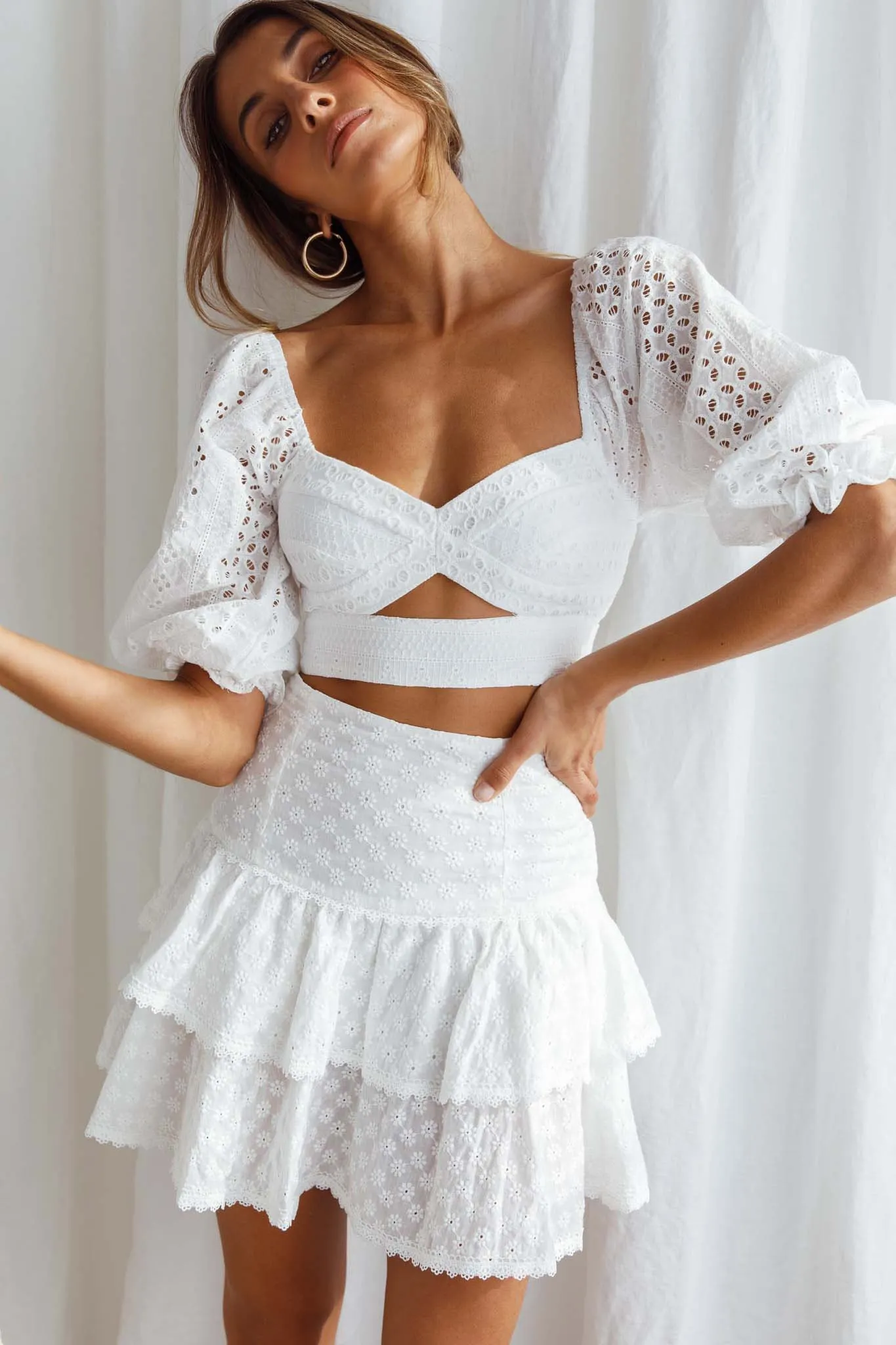 Cynthia Layered Ruffle Eyelet Embroidery Skirt White