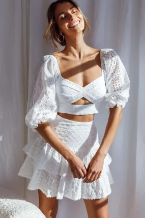 Cynthia Layered Ruffle Eyelet Embroidery Skirt White