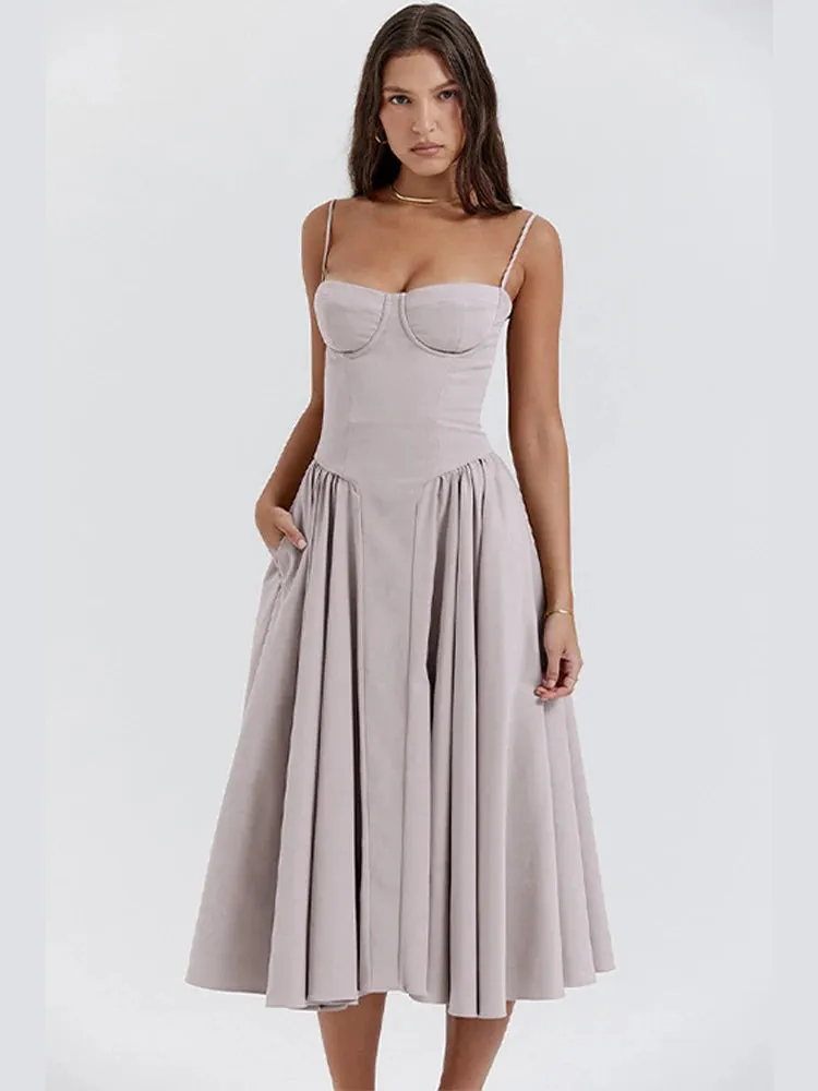 Elegant Women Solid Sling Long Pleated Dress Chic Sleeveless Backless A-line Dresses 2024 Summer Party Club Date Evening Robes