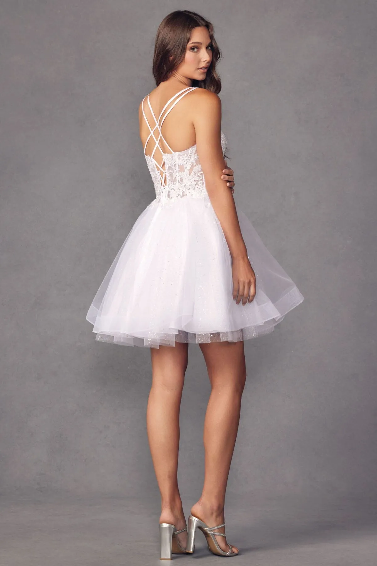 Embroidered Short Sleeveless Glitter Tulle Dress by Juliet 883