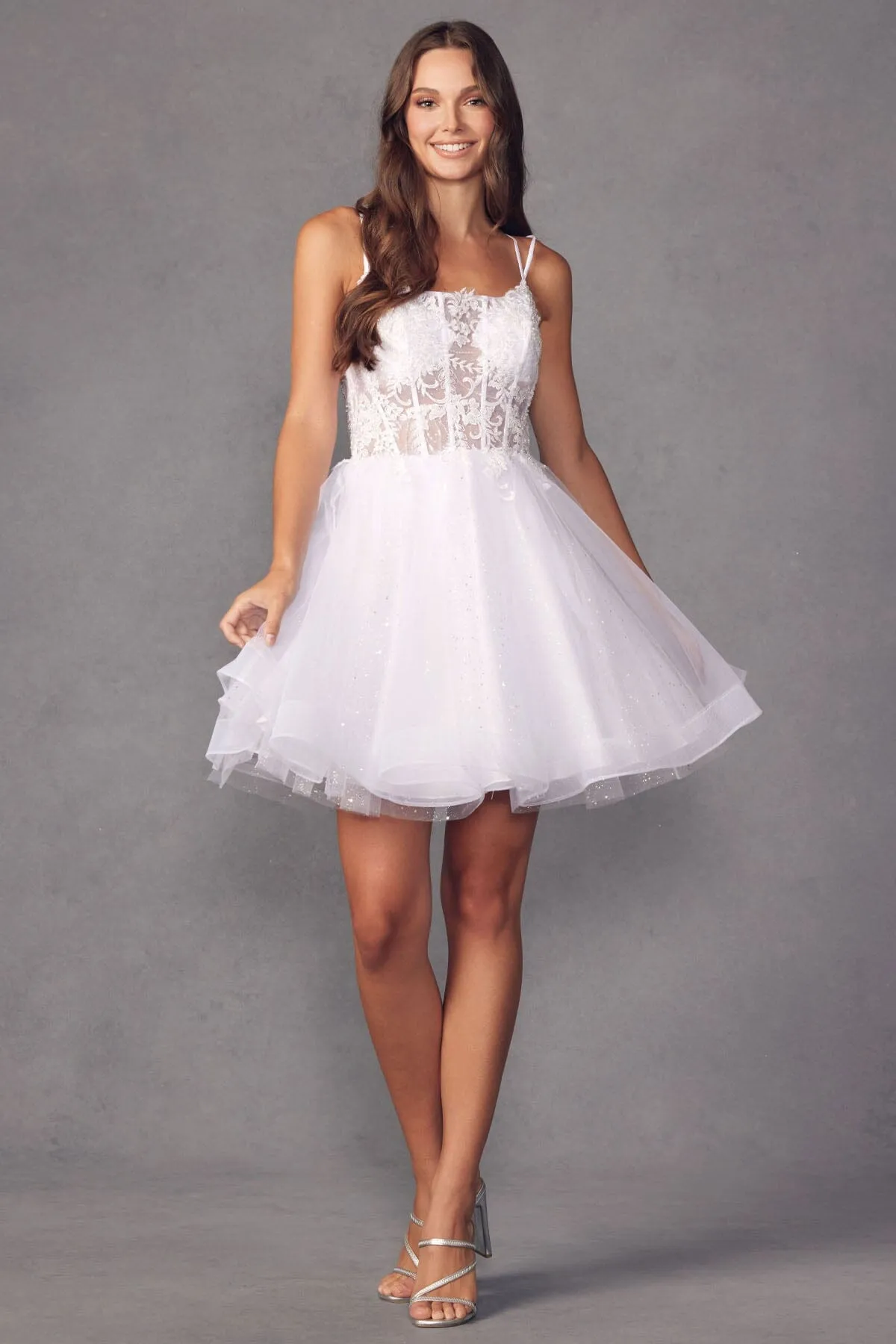 Embroidered Short Sleeveless Glitter Tulle Dress by Juliet 883