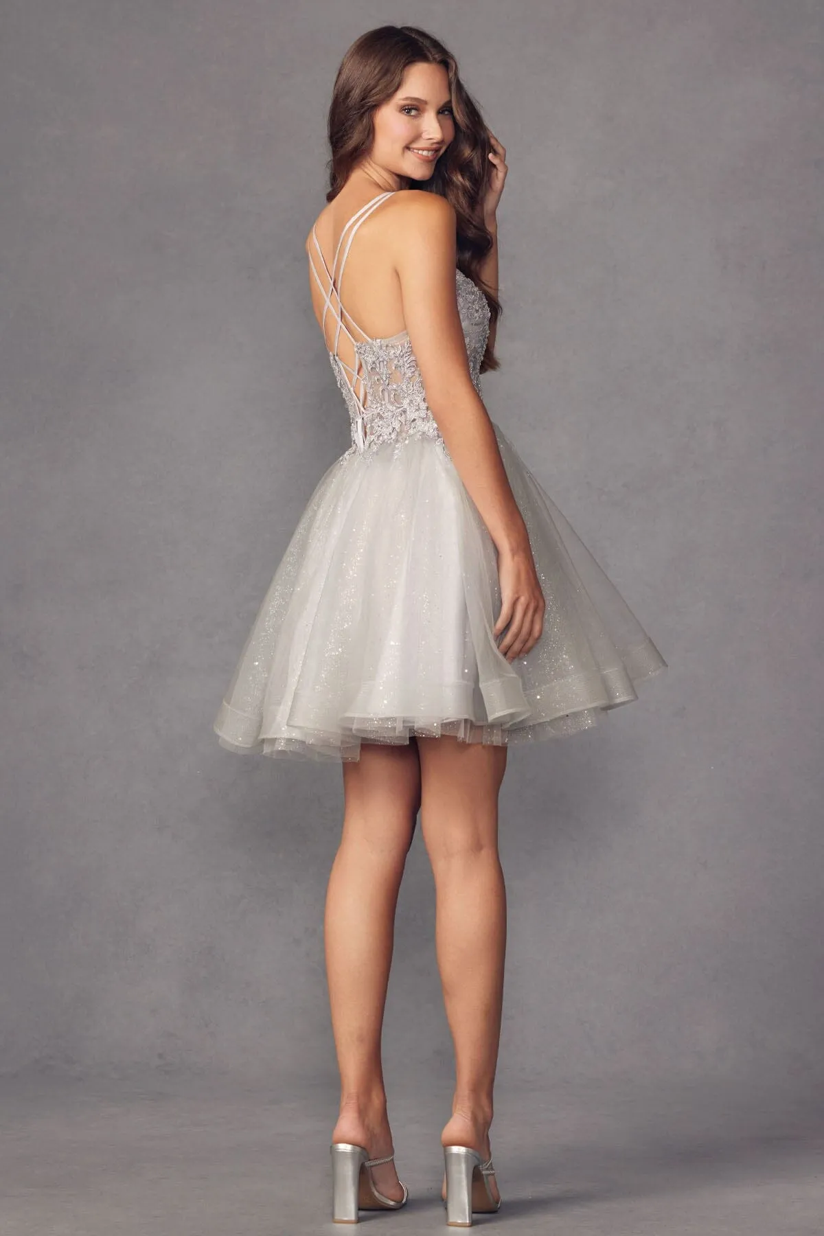 Embroidered Short Sleeveless Glitter Tulle Dress by Juliet 883