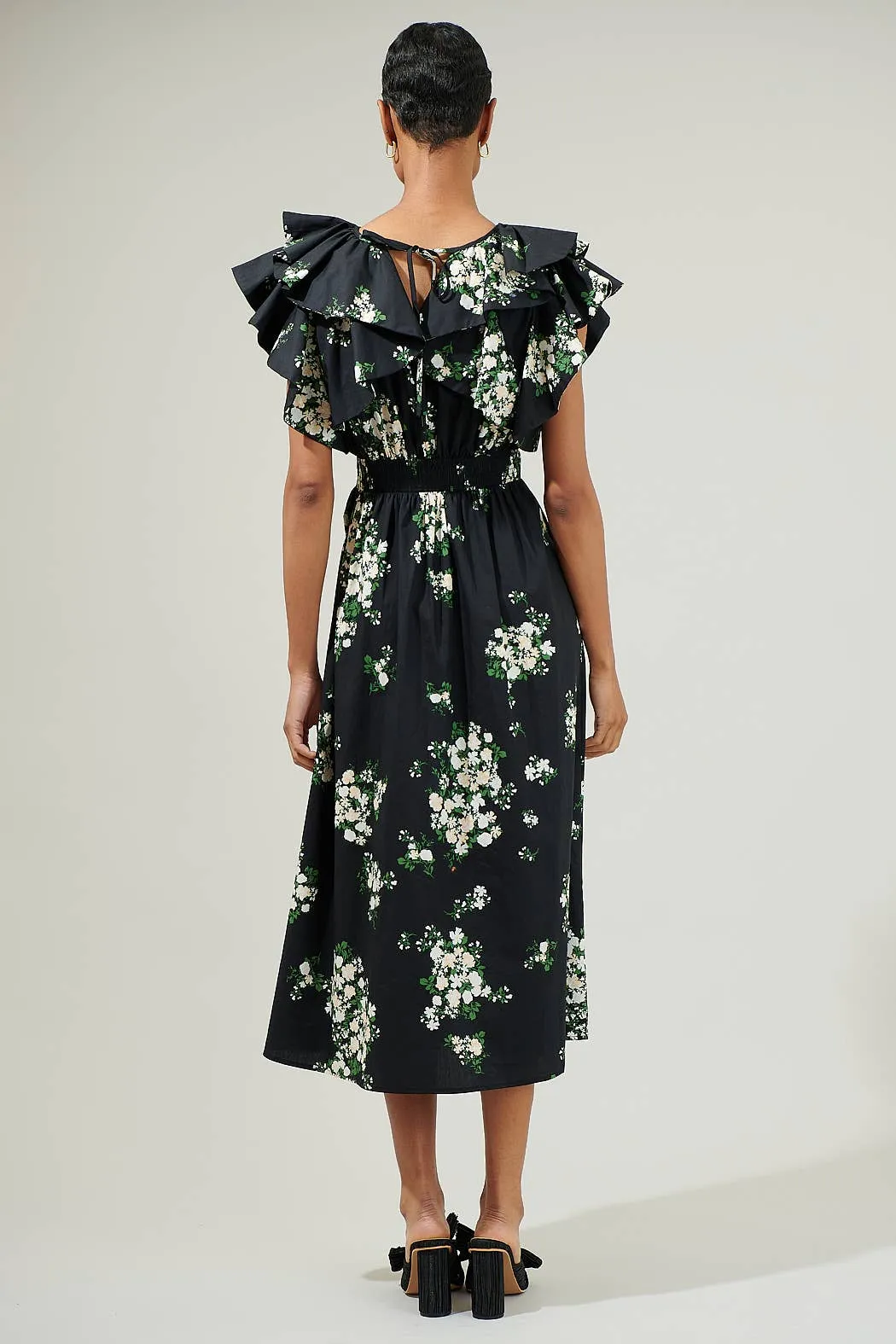 Emma Floral Santana Tie Back Midi Dress in Black