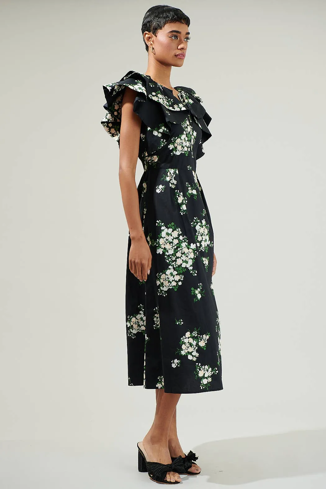 Emma Floral Santana Tie Back Midi Dress in Black