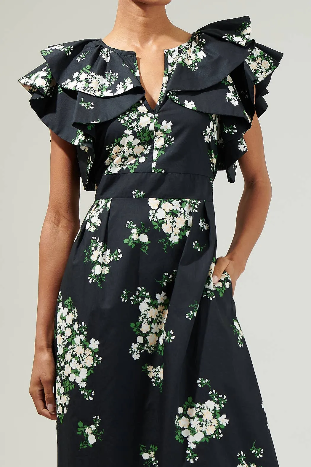 Emma Floral Santana Tie Back Midi Dress in Black