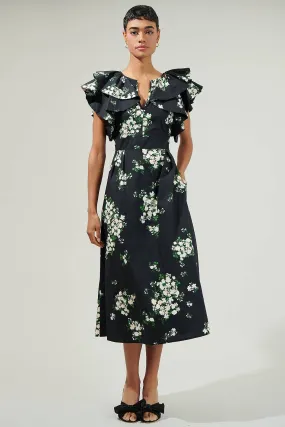 Emma Floral Santana Tie Back Midi Dress in Black