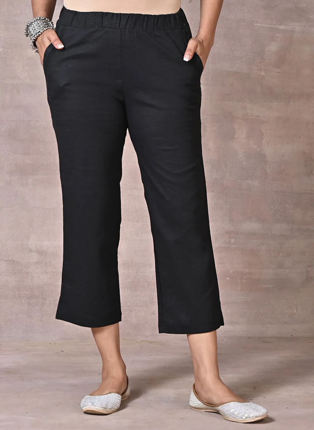 Falak Black Cotton Linen Relaxed Fit Pants for Women