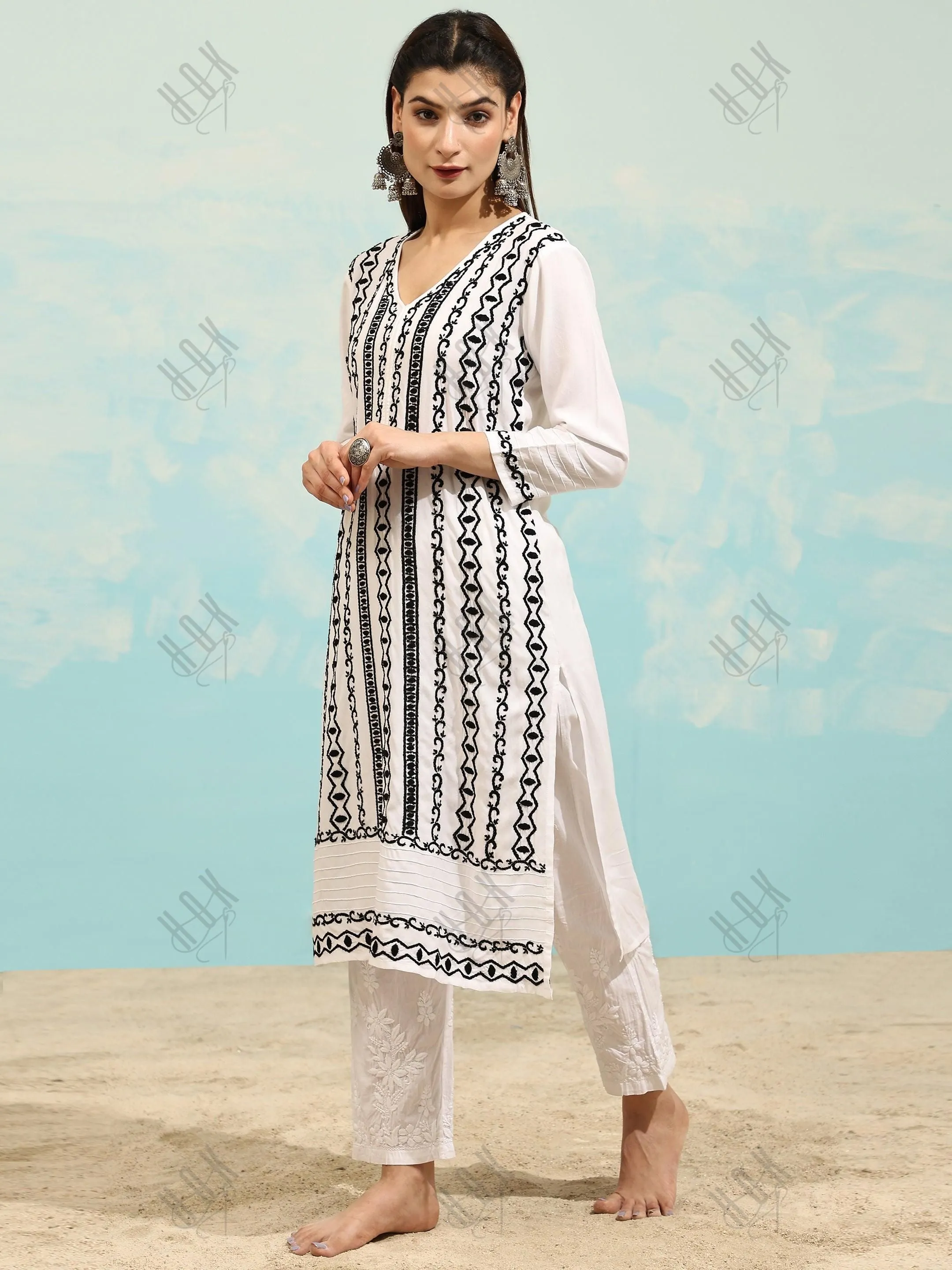 Farheen in Chikankari Long Kurta in Rayon Cotton for Women- White With Black