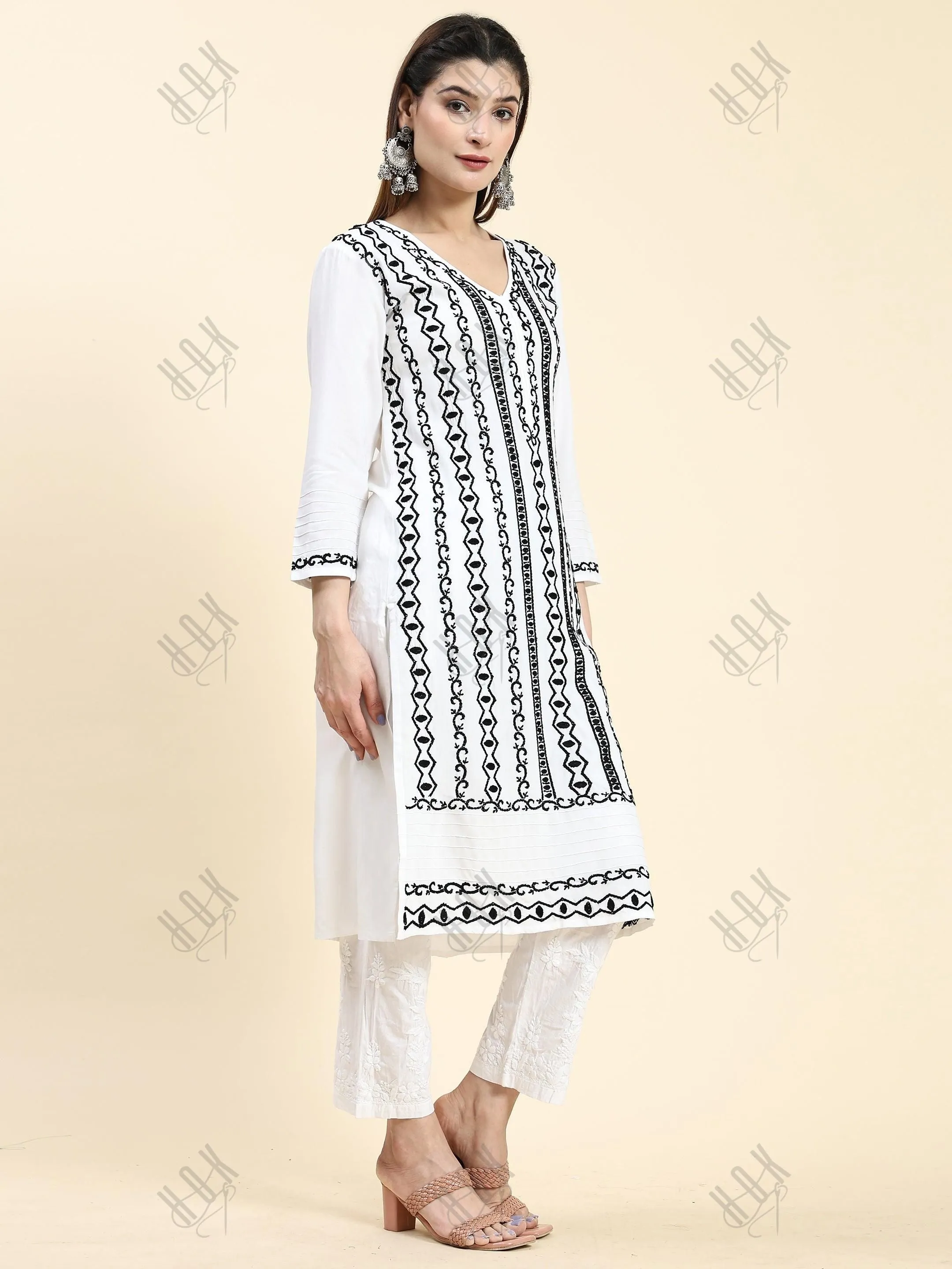 Farheen in Chikankari Long Kurta in Rayon Cotton for Women- White With Black