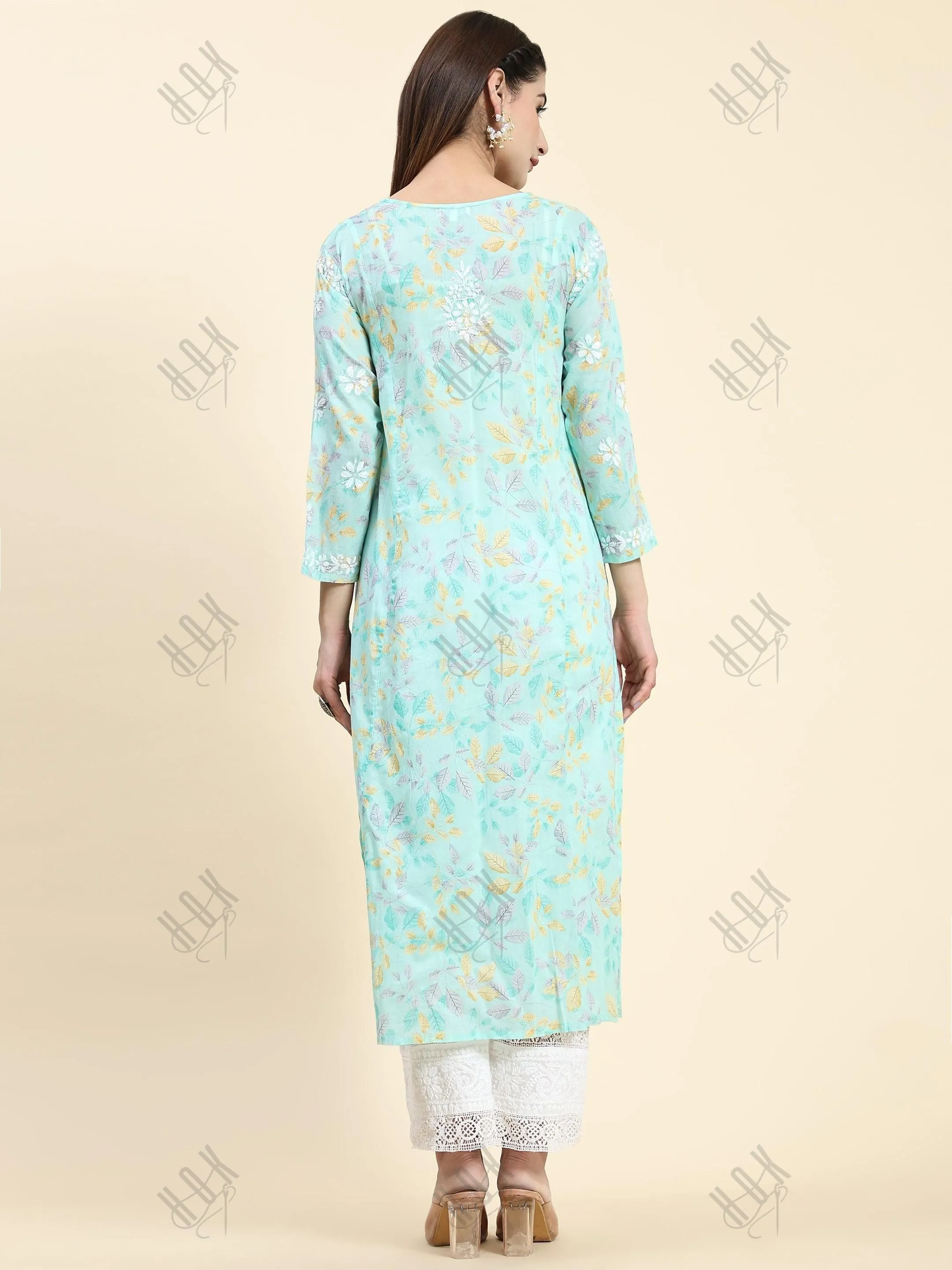 Fizaa Chikankari Long Kurta in Mul Cotton for Women-Sea Green