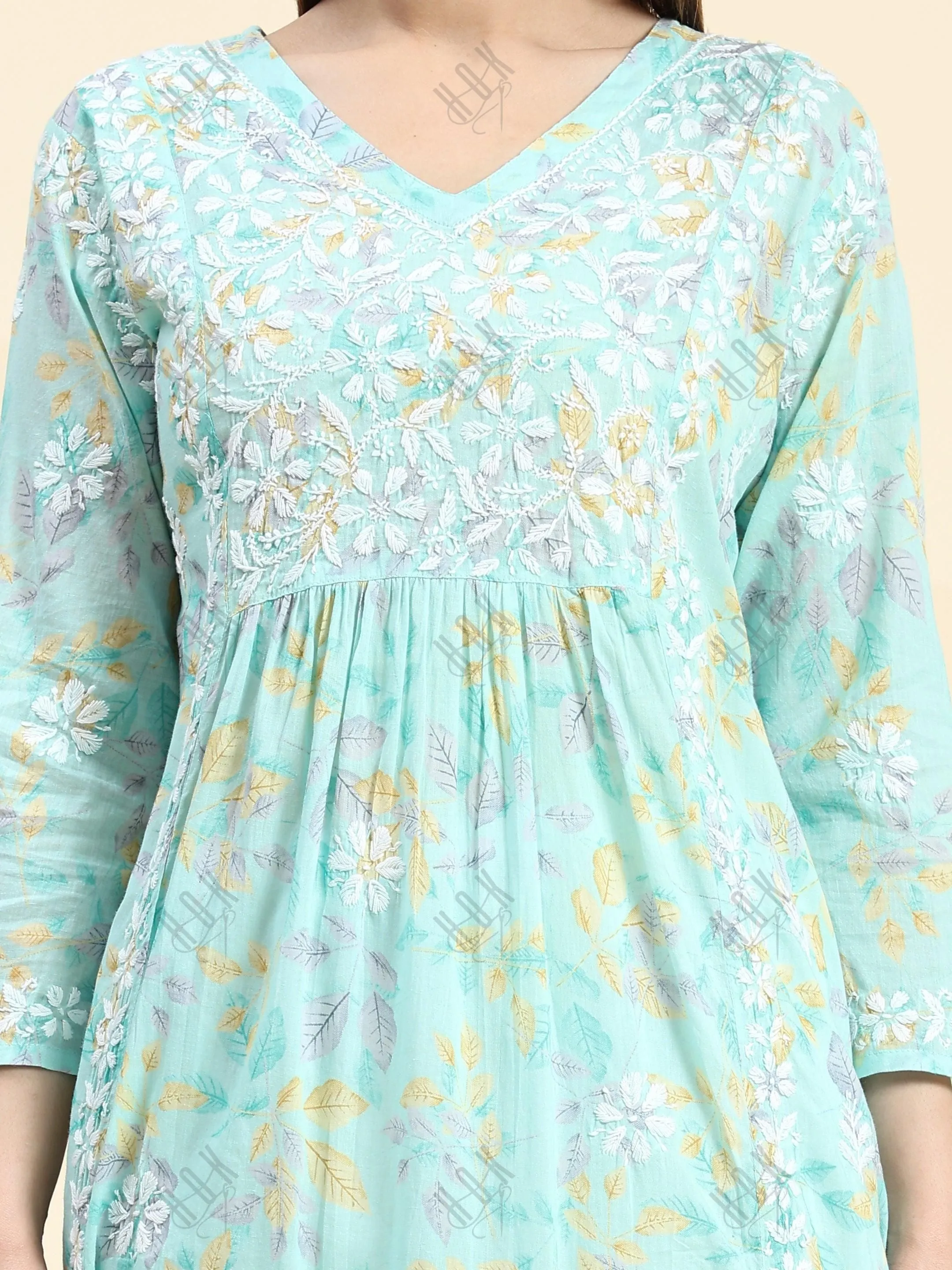 Fizaa Chikankari Long Kurta in Mul Cotton for Women-Sea Green