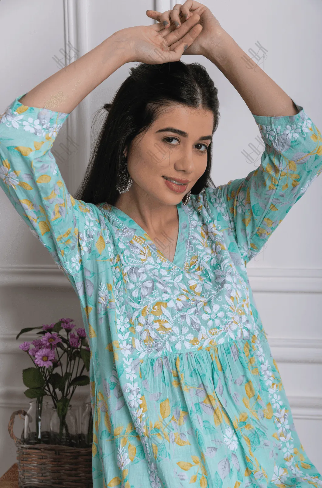 Fizaa Chikankari Long Kurta in Mul Cotton for Women-Sea Green