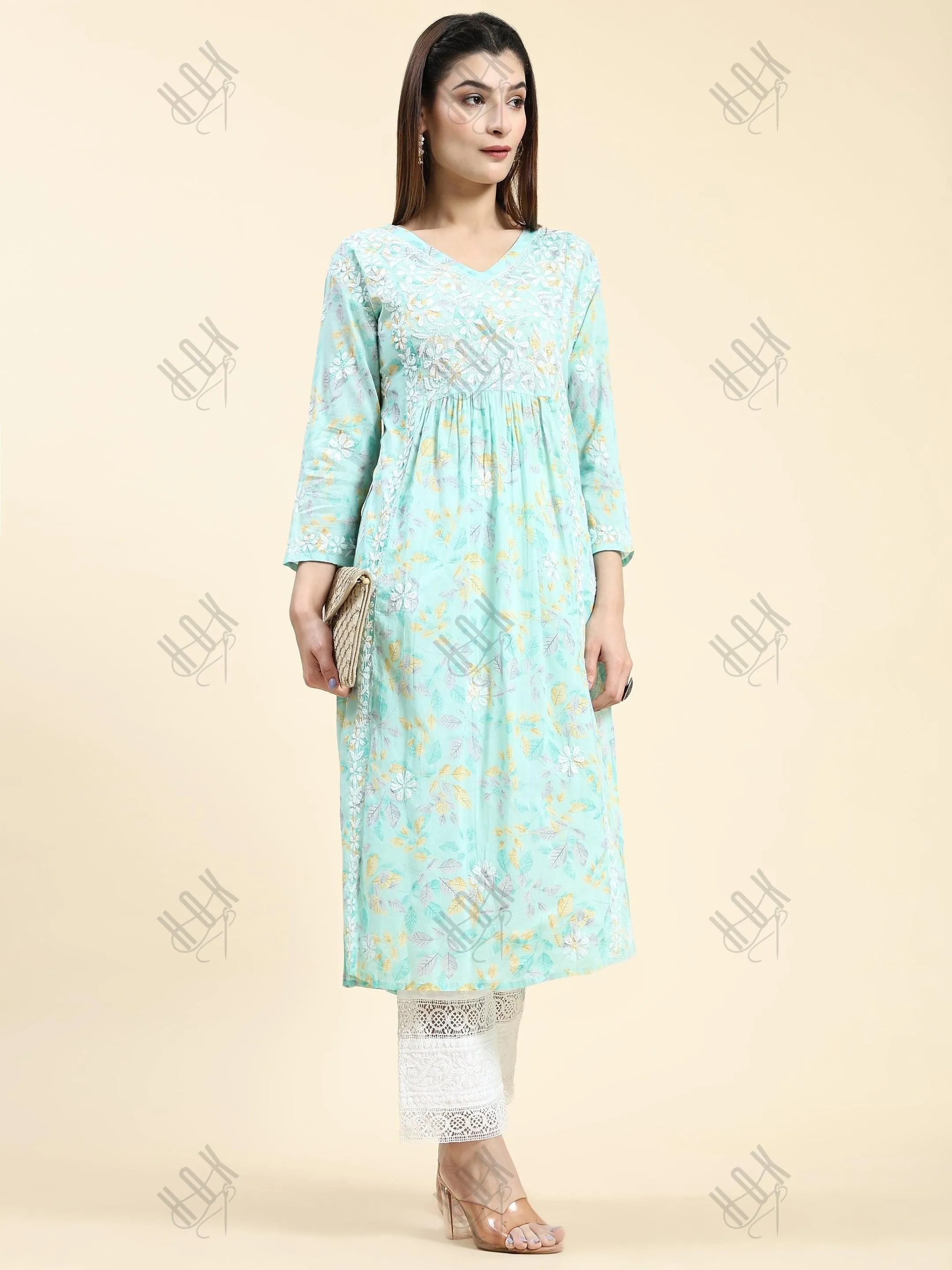 Fizaa Chikankari Long Kurta in Mul Cotton for Women-Sea Green