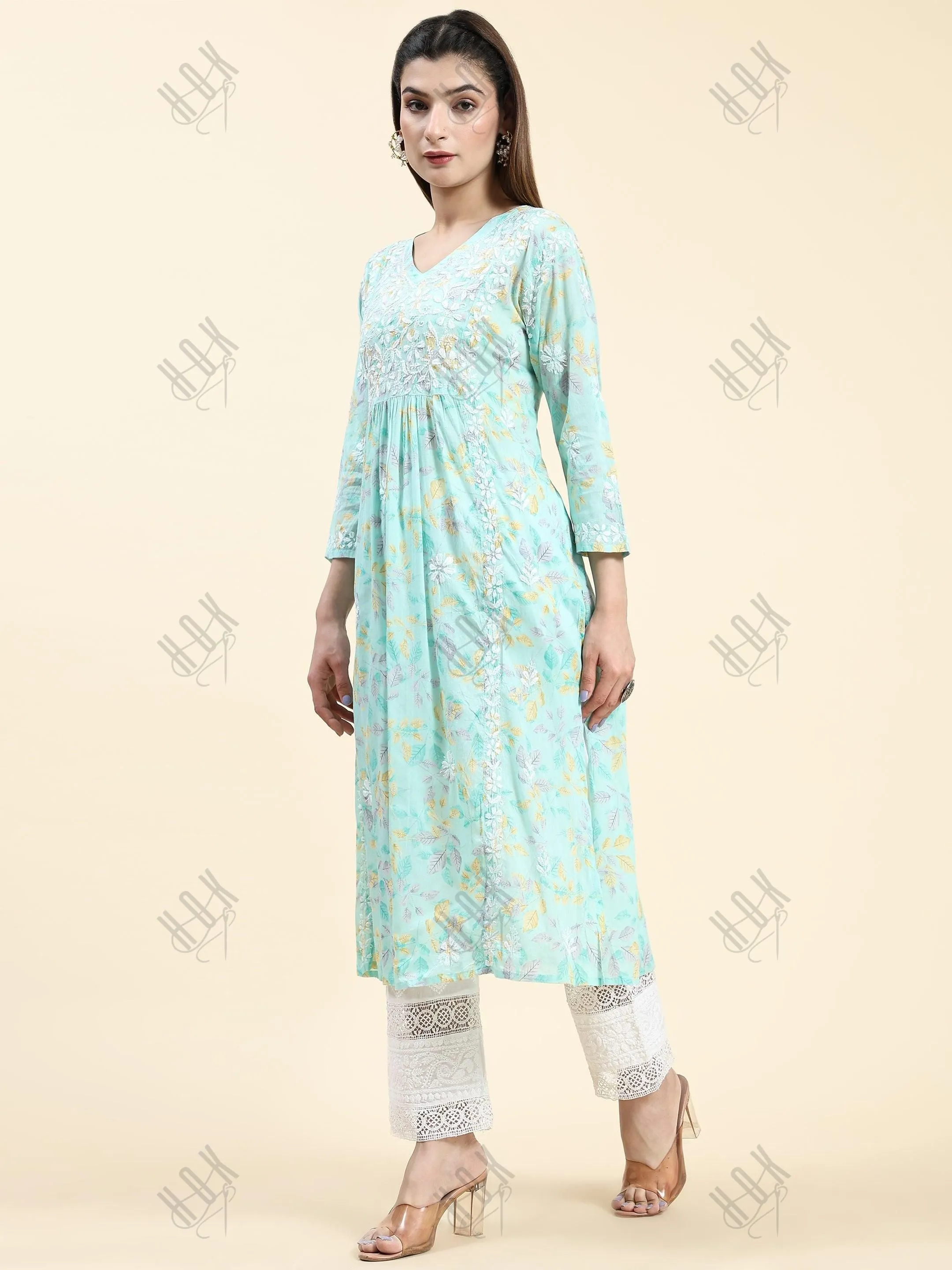 Fizaa Chikankari Long Kurta in Mul Cotton for Women-Sea Green