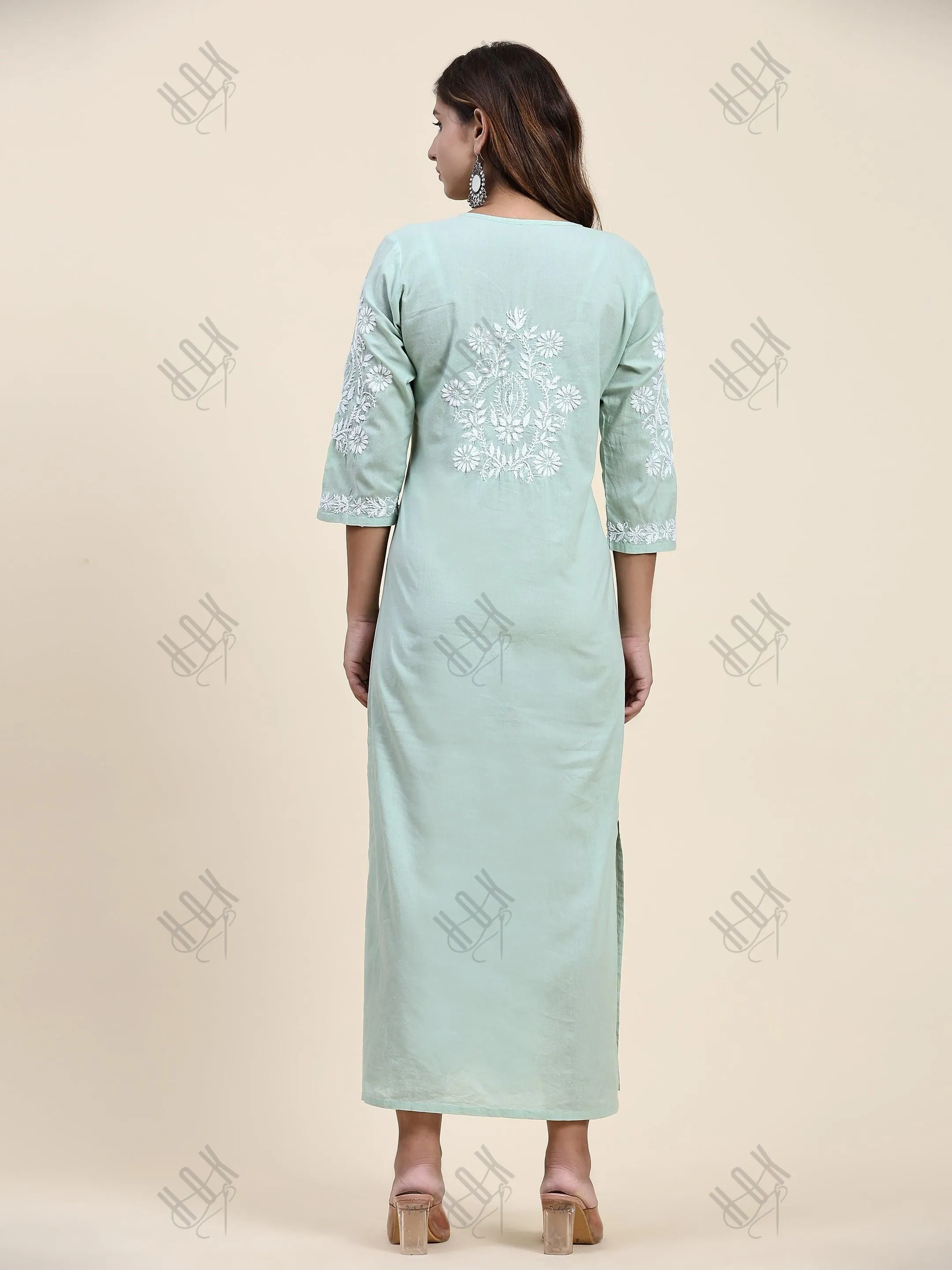 Fizaa Chikankari Long Kurti In Cotton for Women- Mint Green