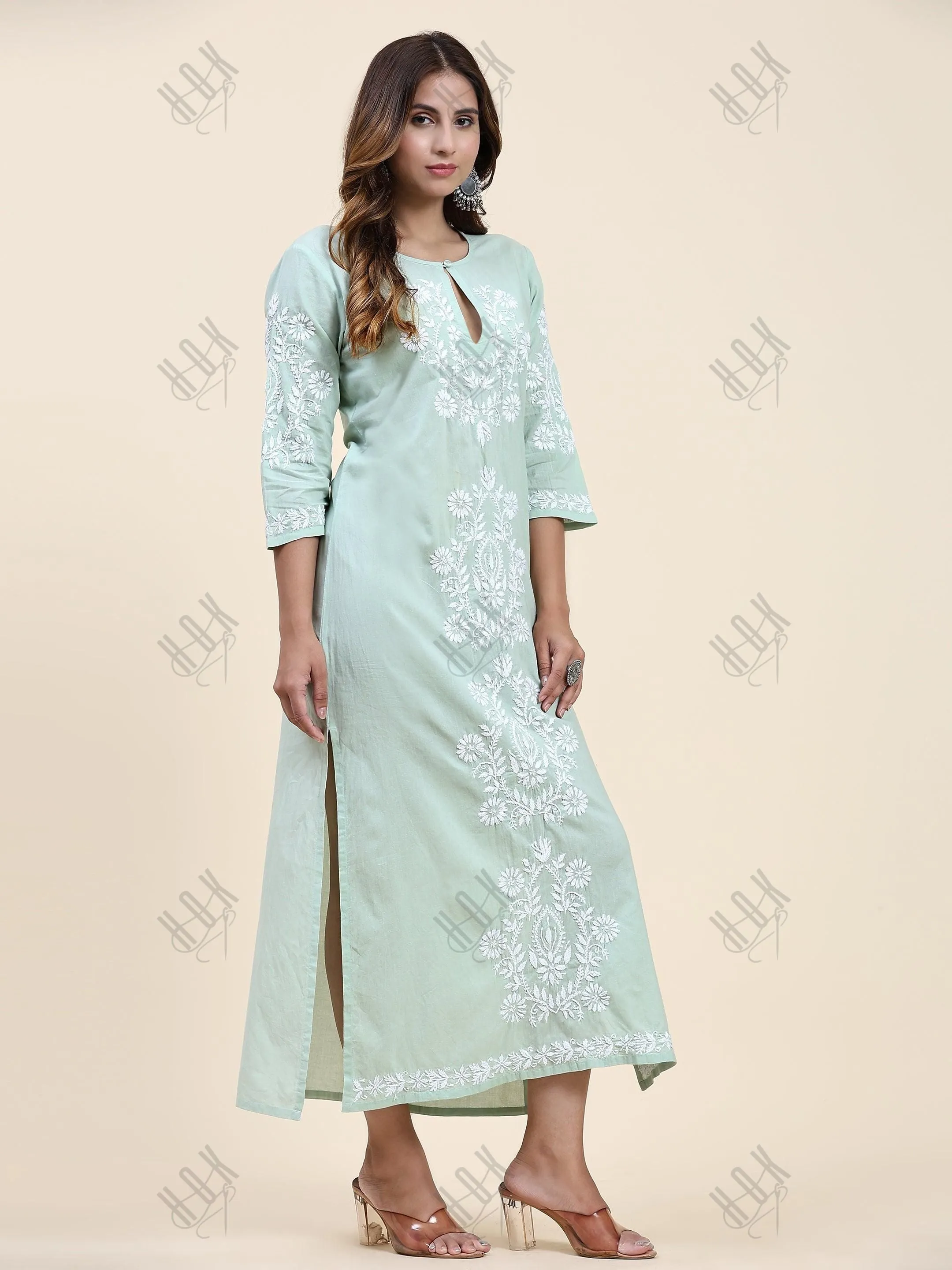 Fizaa Chikankari Long Kurti In Cotton for Women- Mint Green